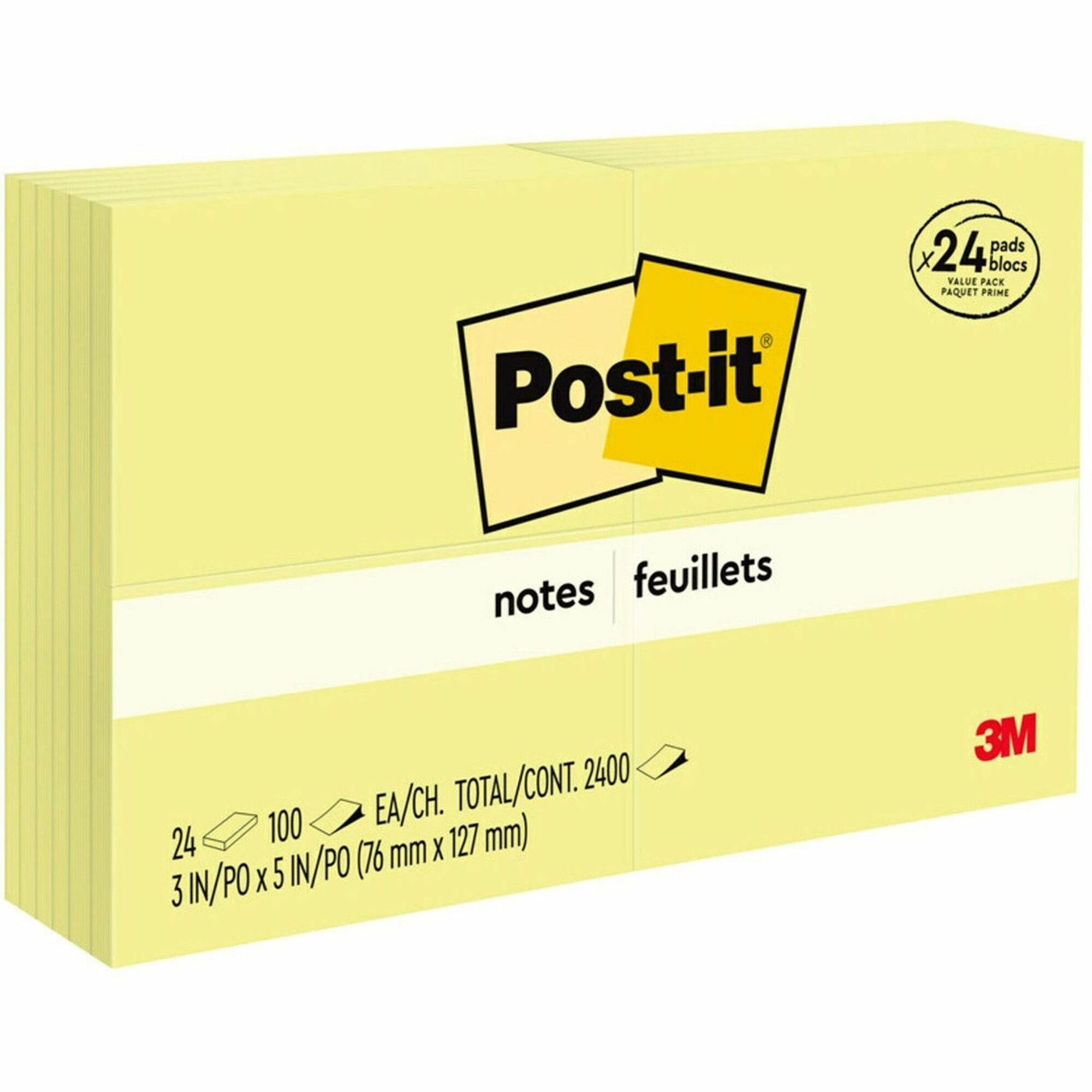 Post-it&reg; Notes Value Pack - 100 - 3" Flag/Note Width x 5" Flag/Note Length - Rectangle - Unruled - Canary - Self-adhesive - 24 / Pack