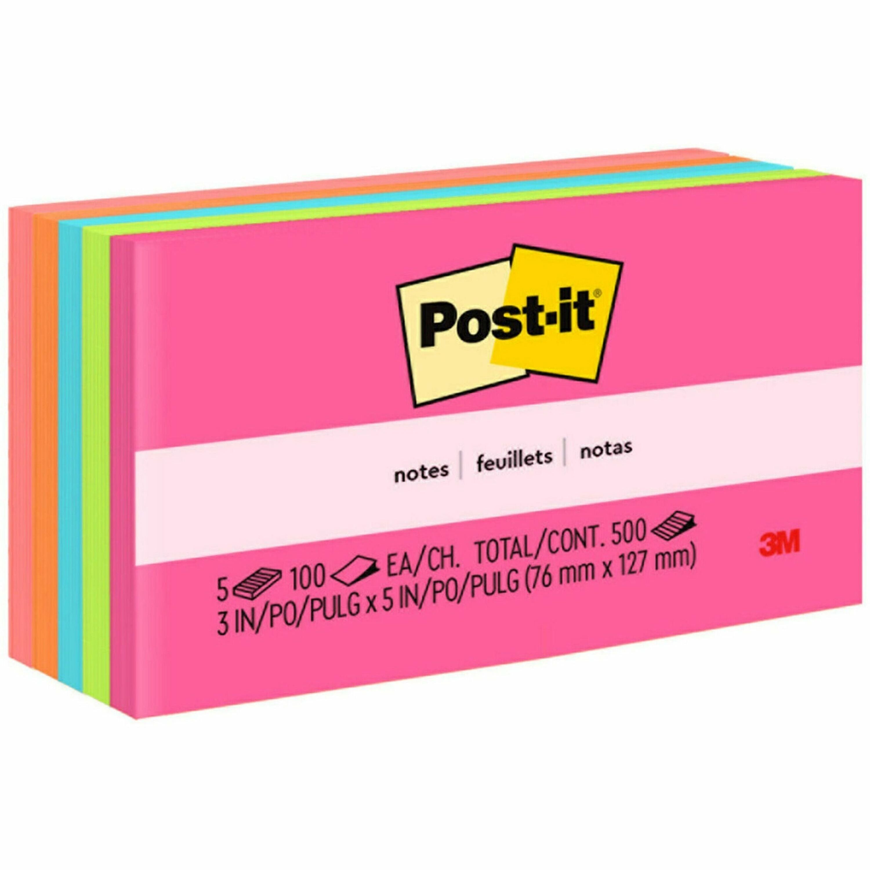 Post-it Notes Original Notepads, Poptimistic Color Collection, 3" x 5", 100 Sheets per Pad, 5 Pads/Pack, Multicolor (Power Pink, Acid Lime, Vital Orange, Aqua Splash, Guava)