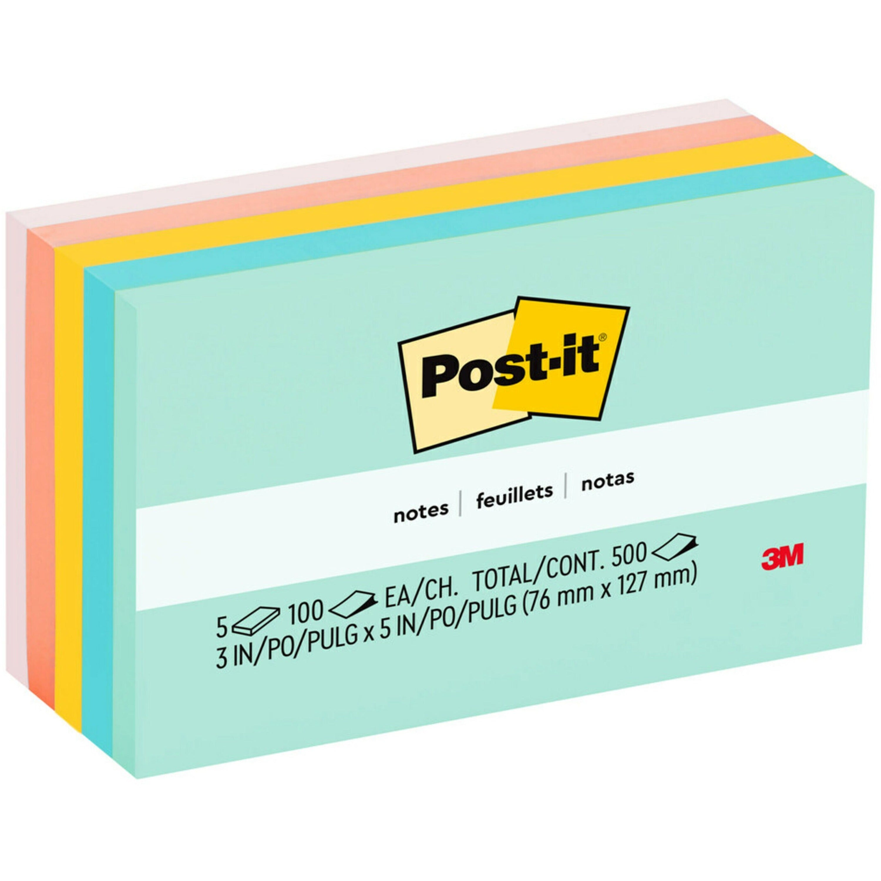Post-it Notes Beachside Café Color Collection, 3" x 5", 100 Sheets per Pad, 5 Pads/Pack, 500 Notes Total, Fresh Mint, Aqua Splash, Pink, Papaya Fizz, Pink Salt, Self-adhesive, Repositionable