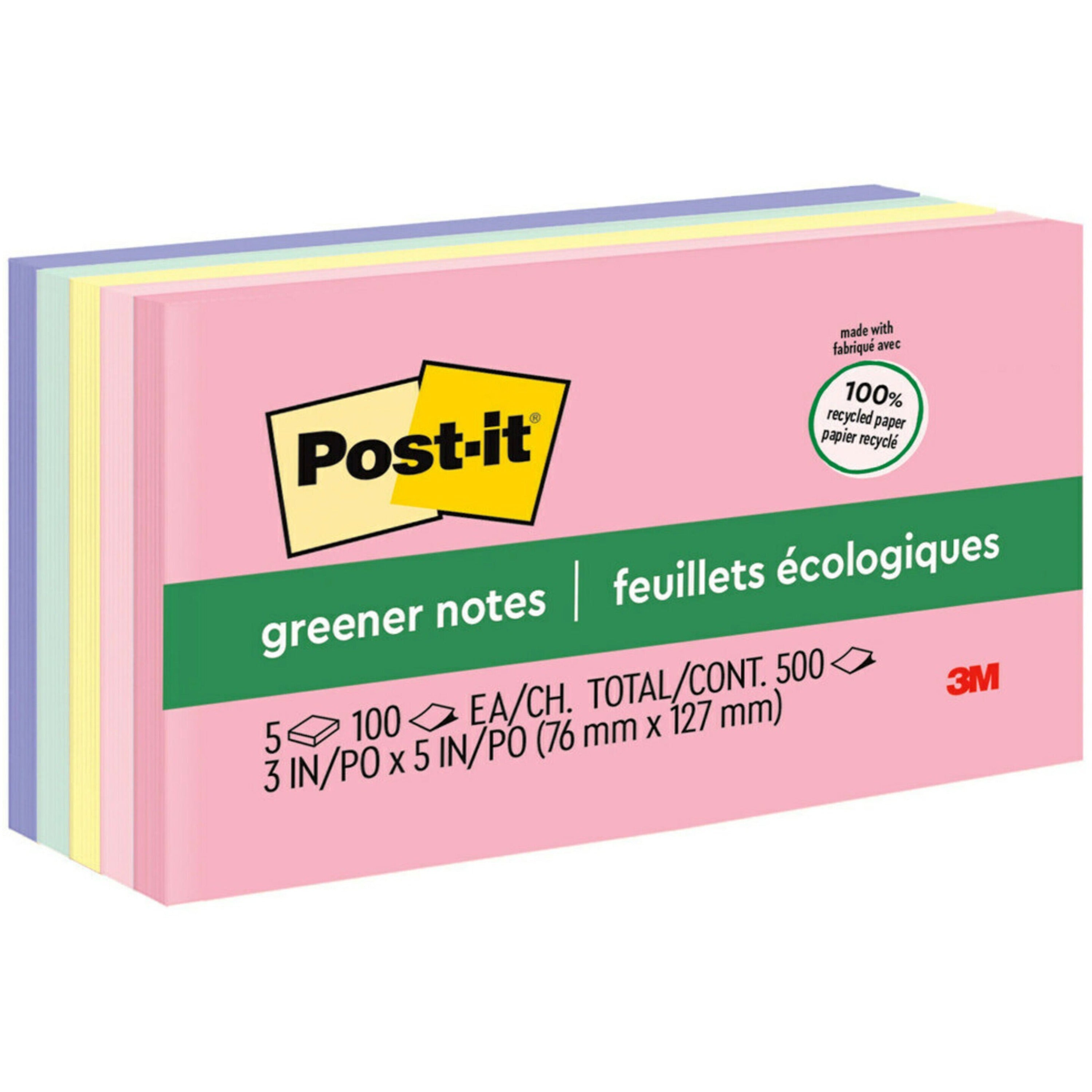 500 - 3" Flag/Note Width x 5" Flag/Note Length - Rectangle - 100 Sheets per Pad - Unruled - Positively Pink, Pink Salt, Canary Yellow, Fresh Mint, Moonstone - Paper - Self-adhesive, Repositionable - Recycled - 1 Pack
