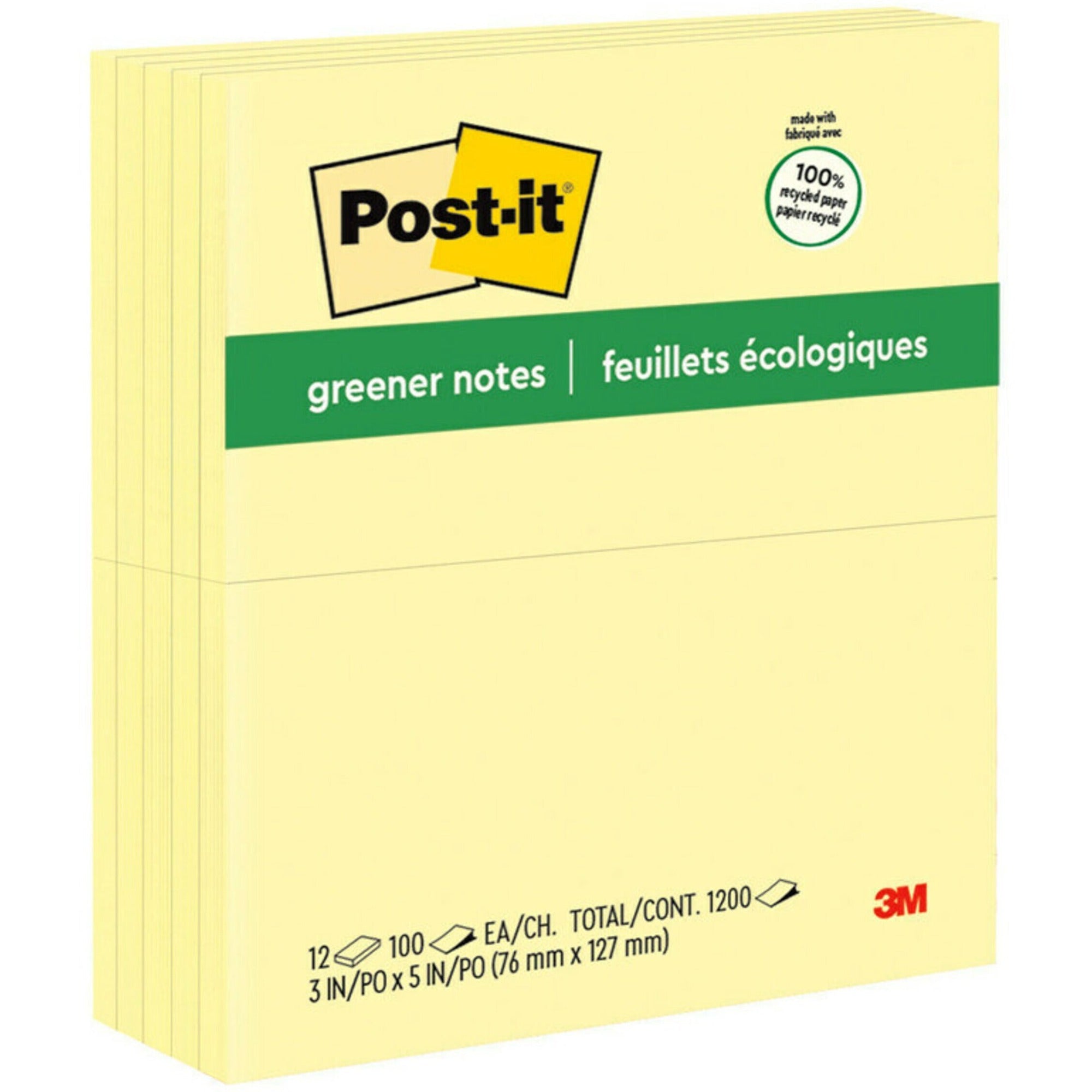 Post-it&reg; Greener Notes - 1200 - 3" Flag/Note Width x 5" Flag/Note Length - Rectangle - 100 Sheets per Pad - Unruled - Canary Yellow - Paper - Self-adhesive, Repositionable - Recycled - 1 Pack