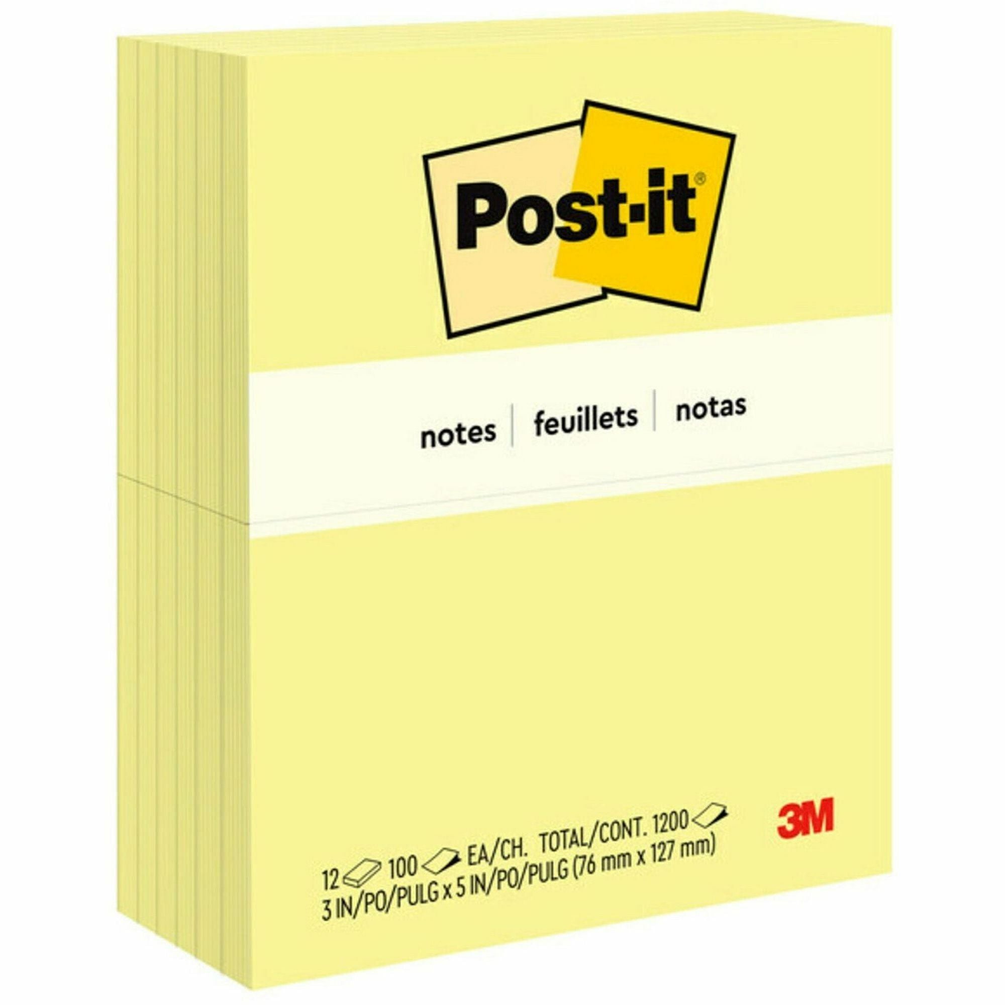 Post-it&reg; Notes Original Notepads - 3" Flag/Note Width x 5" Flag/Note Length - Rectangle - 100 Sheets per Pad - Unruled - Canary Yellow - Paper - Self-adhesive, Repositionable - 1 Pack