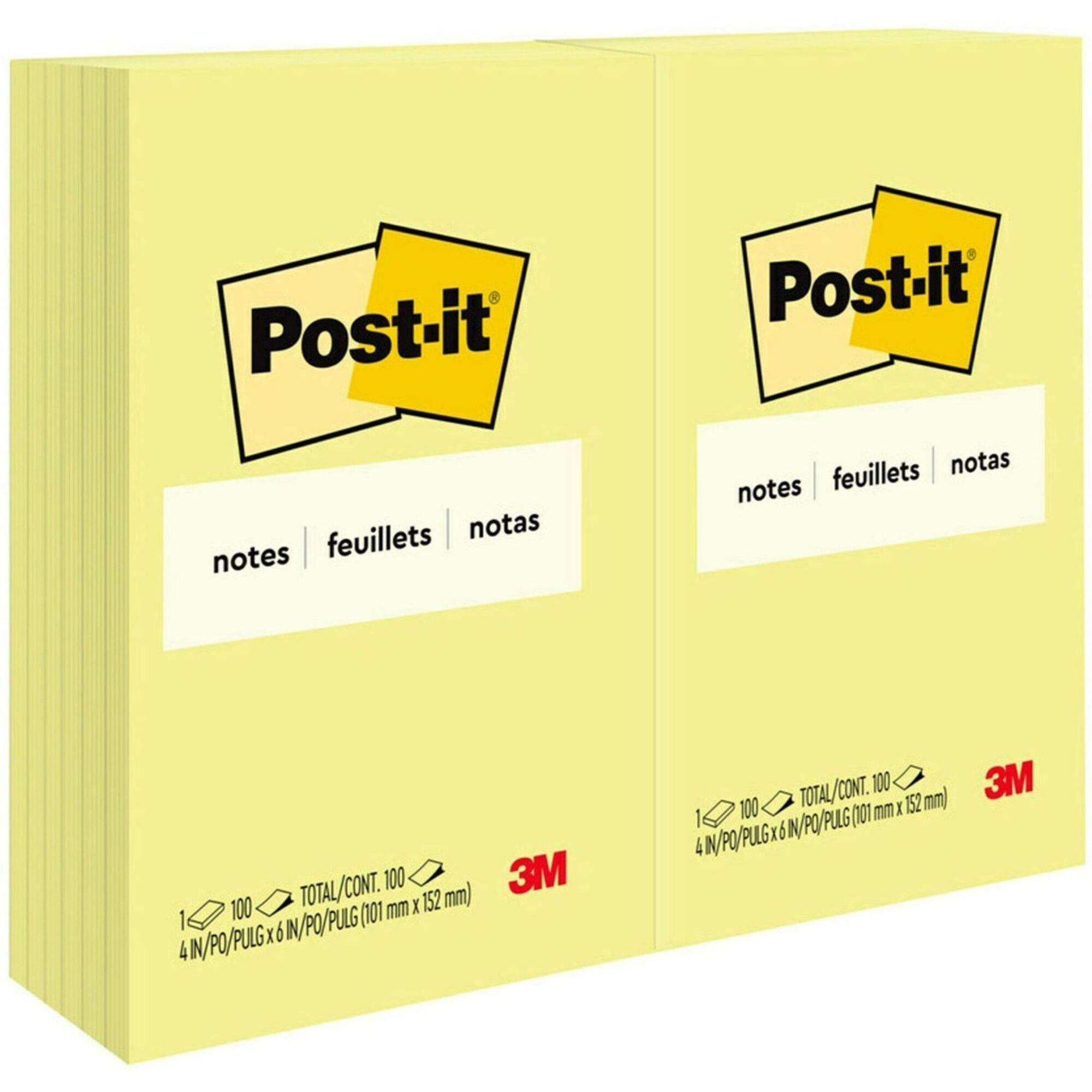 Post-it&reg; Notes Original Notepads - 4" Flag/Note Width x 6" Flag/Note Length - Rectangle - 100 Sheets per Pad - Unruled - Canary Yellow - Paper - Self-adhesive, Repositionable - 12 / Pack