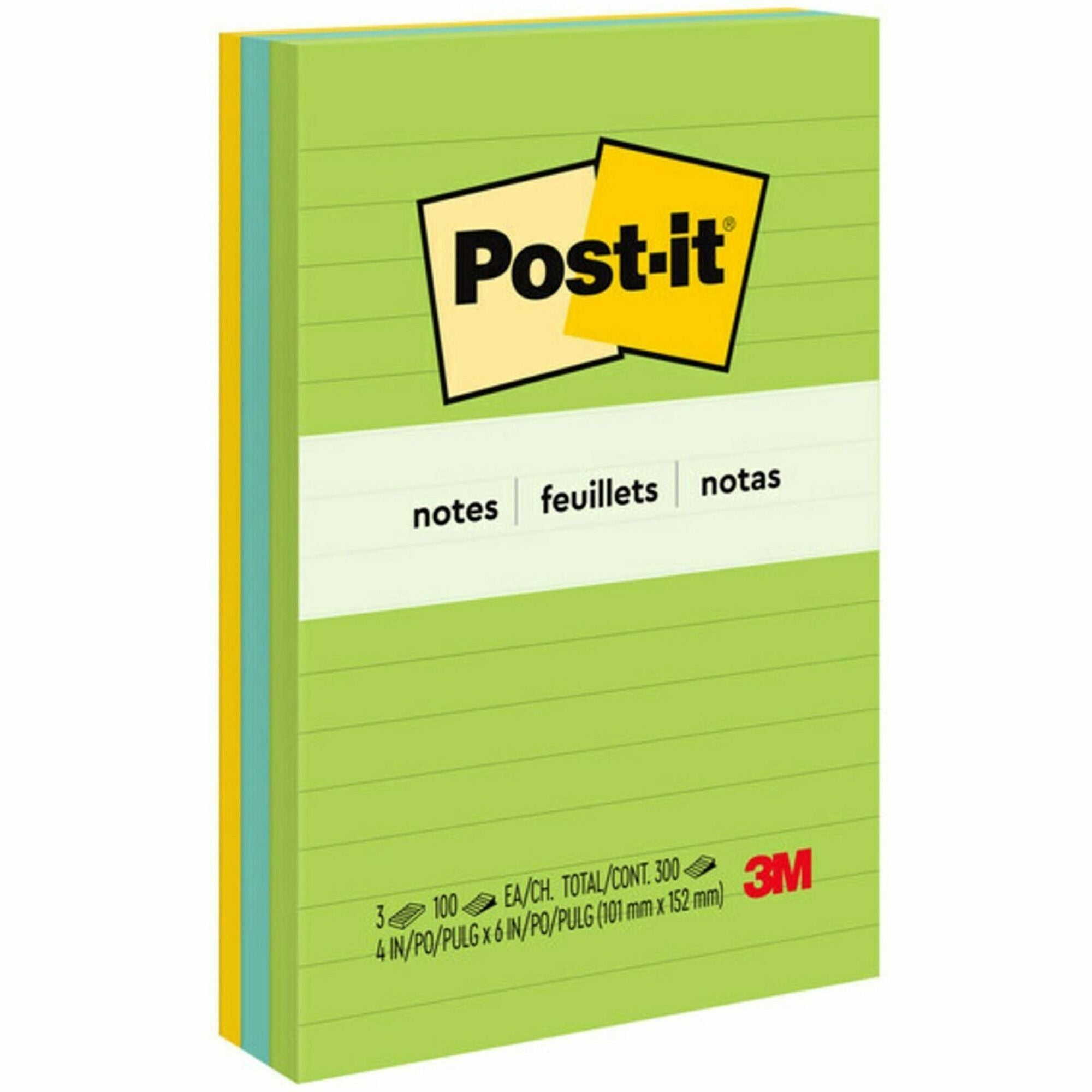 Post-it Notes Original Lined Notepads, Floral Fantasy Color Collection, 4" x 6", 100 Sheets per Pad, 3 Pads/Pack, Assorted Colors (Limeade, Citron Yellow, Blue, Blue Paradise)