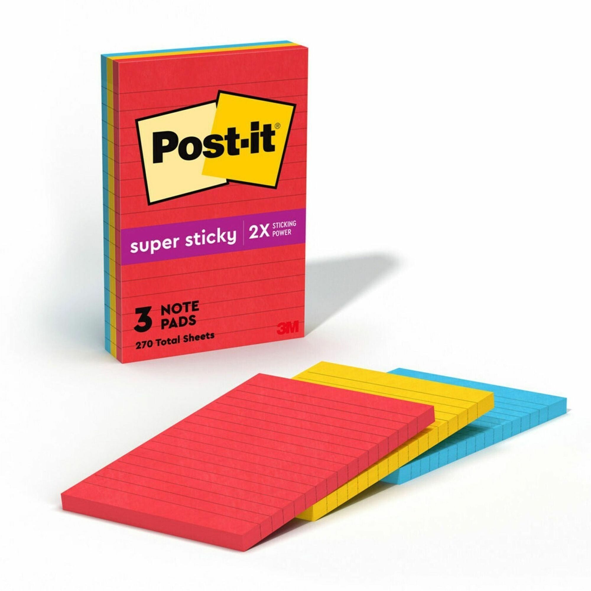 270 - 4" Flag/Note Width x 6" Flag/Note Length - Rectangle - 90 Sheets per Pad - Ruled - Candy Apple Red, Sunnyside, Blue Paradise - Paper - Self-adhesive - 3 / Pack