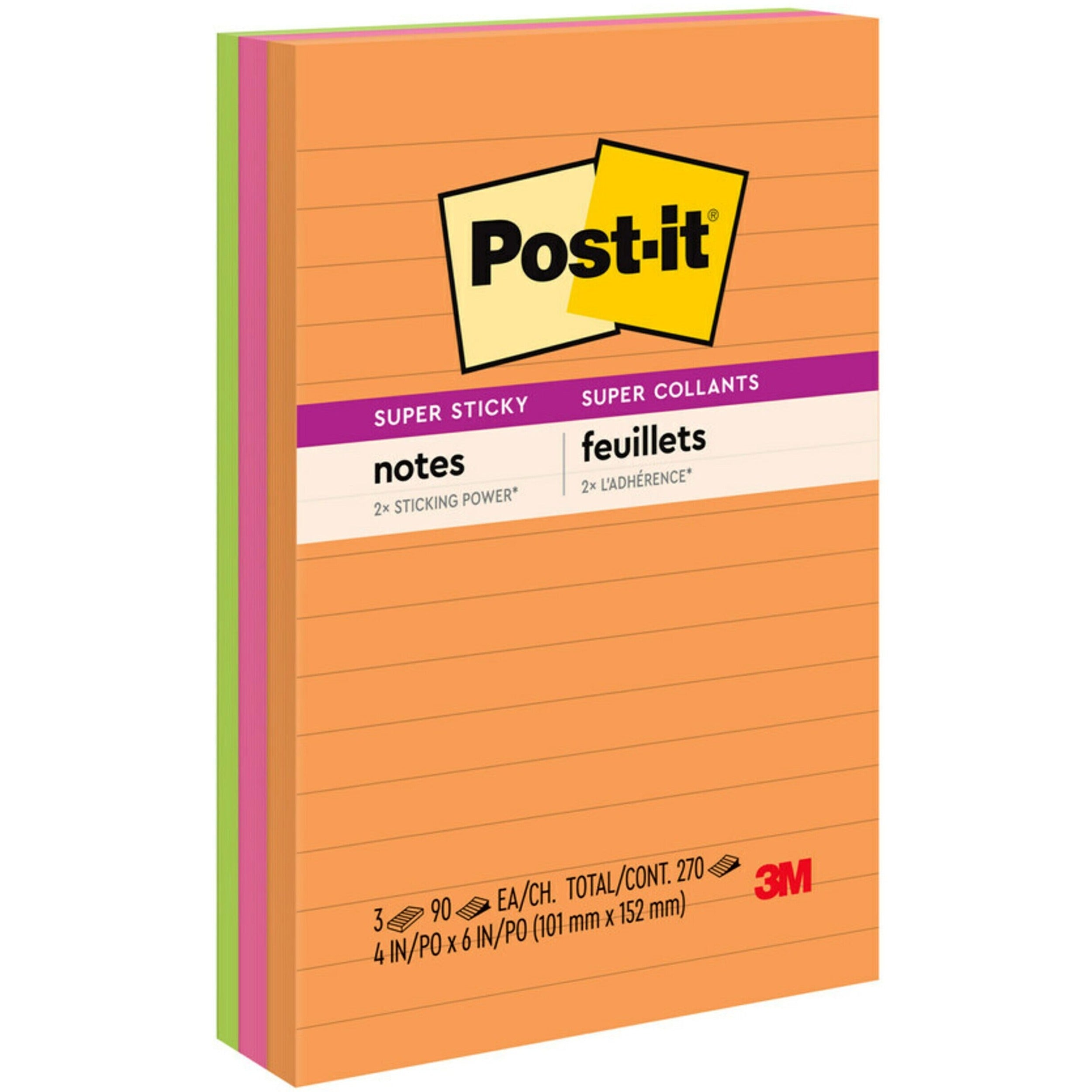 Post-it&reg; Super Sticky Notes - Energy Boost Color Collection - 270 x Assorted - 4" Flag/Note Width x 6" Flag/Note Length - Rectangle - 90 Sheets per Pad - Ruled - Orange, Pink, Green - Paper - Self-adhesive, Recyclable - 1 Pack