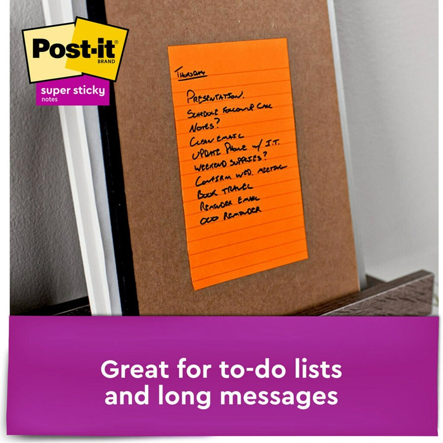 Post-it&reg; Super Sticky Notes - Energy Boost Color Collection - 270 x Assorted - 4" Flag/Note Width x 6" Flag/Note Length - Rectangle - 90 Sheets per Pad - Ruled - Orange, Pink, Green - Paper - Self-adhesive, Recyclable - 1 Pack