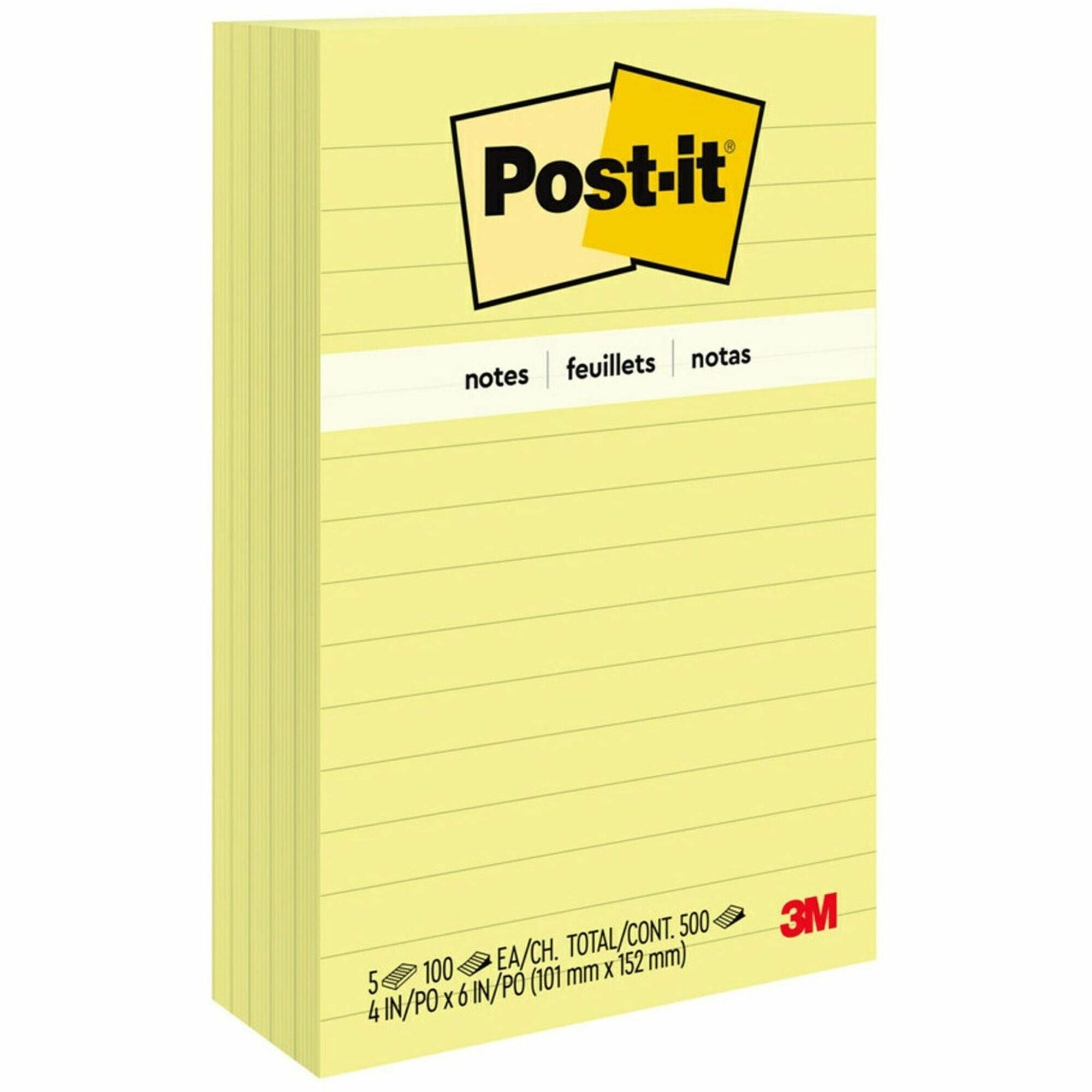 Post-it&reg; Lined Notes - 500 - 4" Flag/Note Width x 6" Flag/Note Length - Rectangle - 100 Sheets per Pad - Ruled - Yellow - Paper - Self-adhesive, Repositionable - 1 Pack