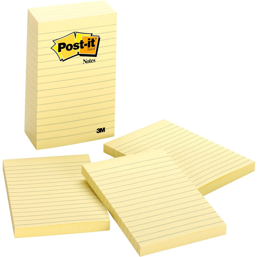 Post-it&reg; Lined Notes - 500 - 4" Flag/Note Width x 6" Flag/Note Length - Rectangle - 100 Sheets per Pad - Ruled - Yellow - Paper - Self-adhesive, Repositionable - 1 Pack