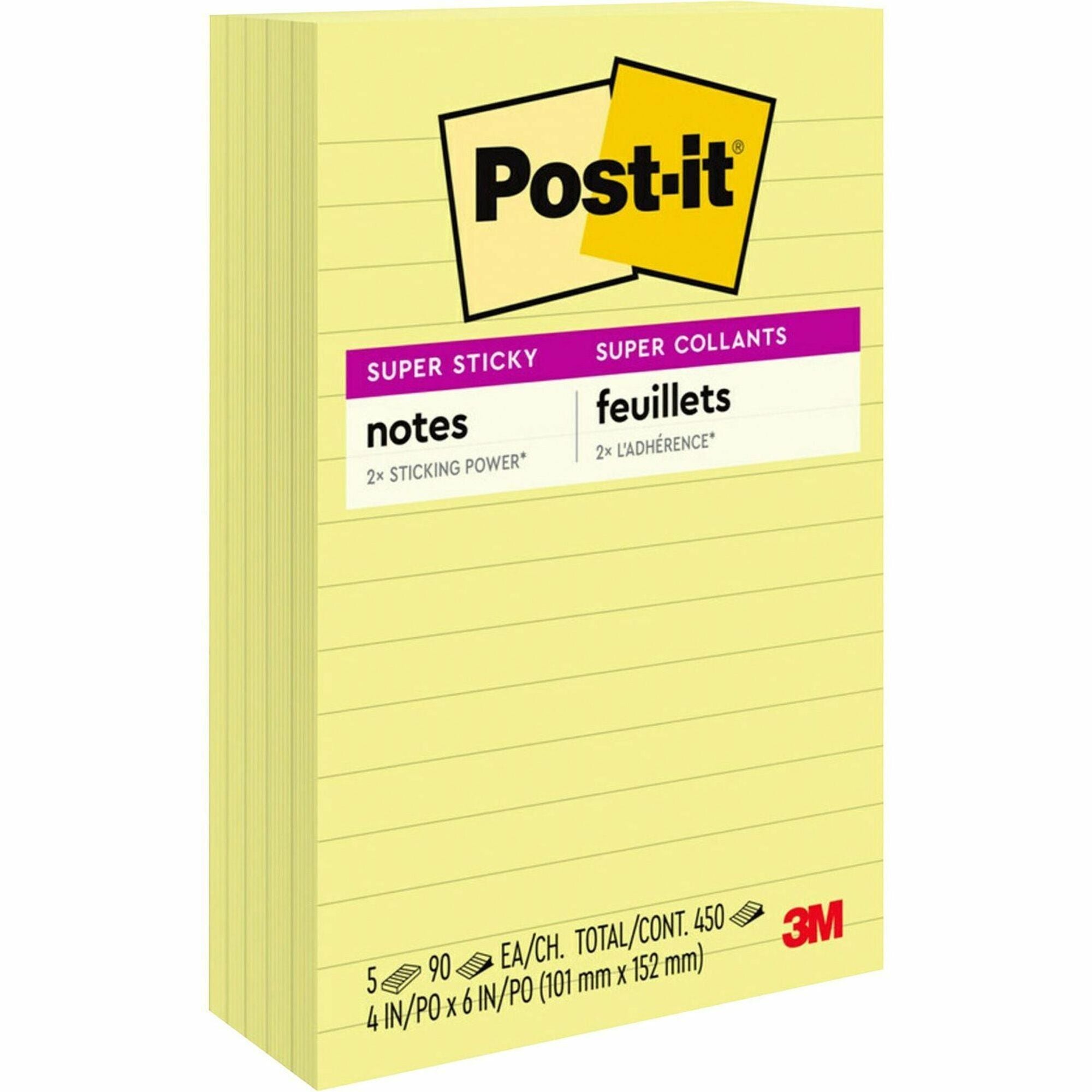 Post-it&reg; Super Sticky Lined Notes - 450 - 4" Flag/Note Width x 6" Flag/Note Length - Rectangle - 90 Sheets per Pad - Ruled - Canary Yellow - Paper - Self-adhesive - 5 / Pack