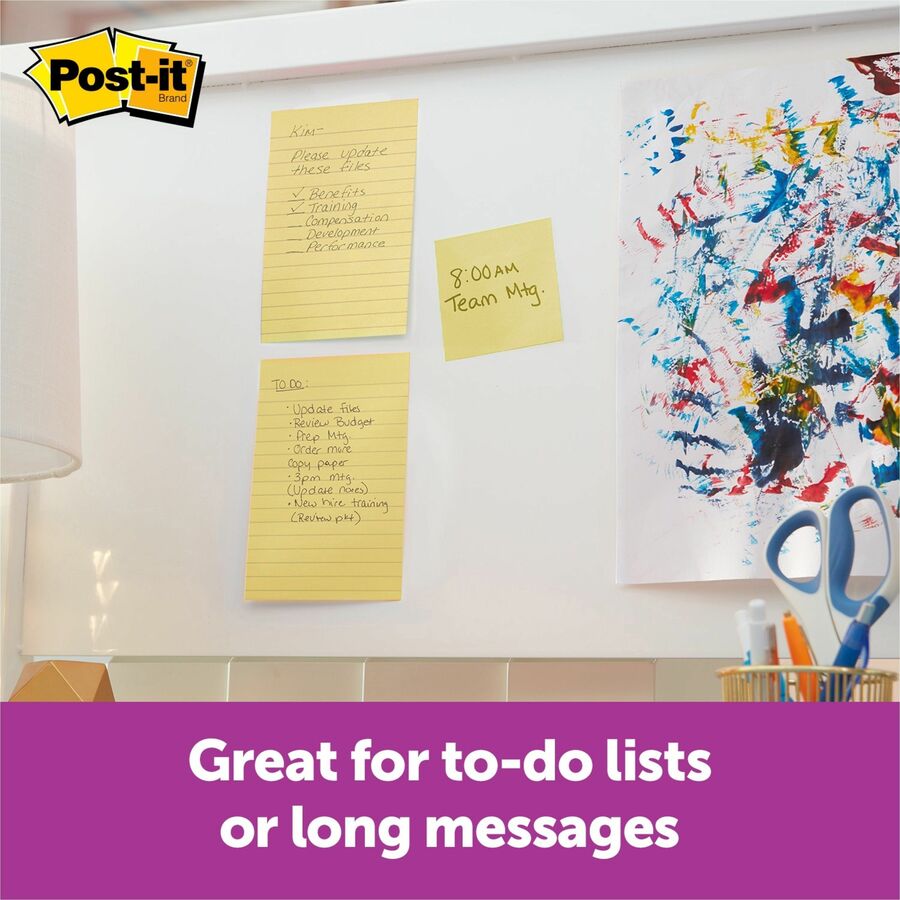 Post-it&reg; Super Sticky Lined Notes - 450 - 4" Flag/Note Width x 6" Flag/Note Length - Rectangle - 90 Sheets per Pad - Ruled - Canary Yellow - Paper - Self-adhesive - 5 / Pack