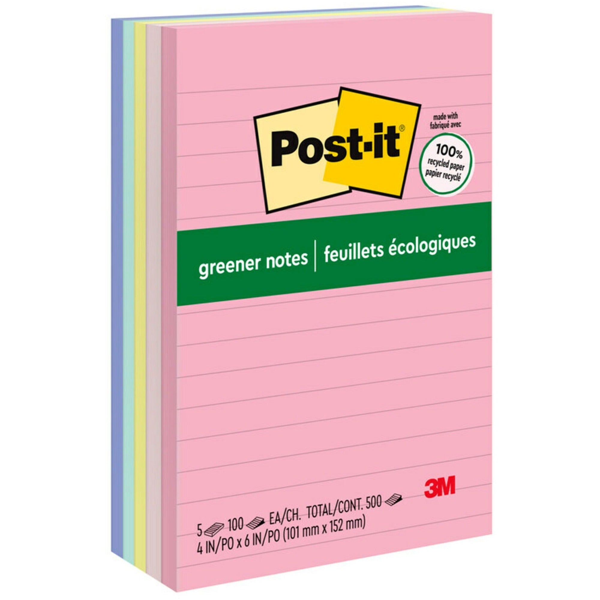 500 x Assorted - 4" Flag/Note Width x 6" Flag/Note Length - Rectangle - 100 Sheets per Pad - Ruled - Positively Pink, Canary Yellow, Fresh Mint, Moonstone - Paper - Self-adhesive, Repositionable - Recycled - 1 Pack