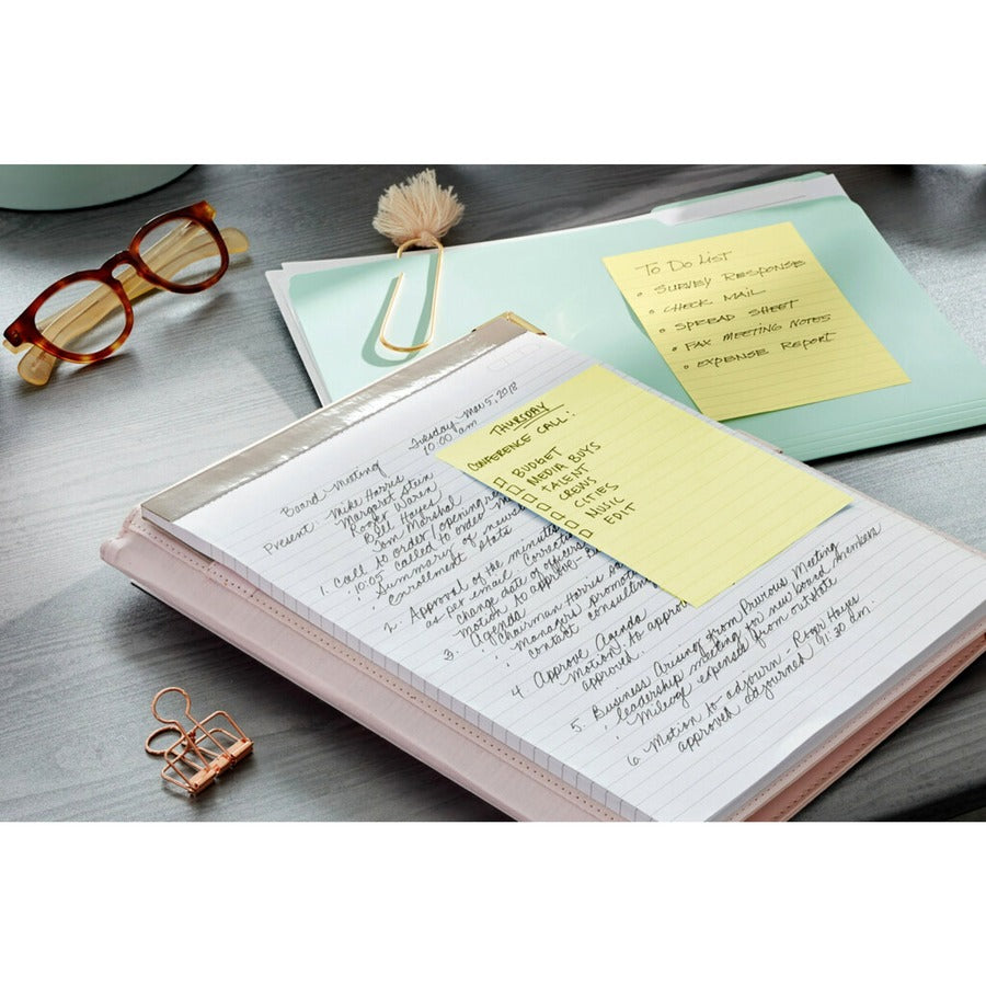 Post-it&reg; Greener Notes - 1200 - 4" Flag/Note Width x 6" Flag/Note Length - Rectangle - 100 Sheets per Pad - Ruled - Canary Yellow - Paper - Self-adhesive, Repositionable - Recycled - 1 Pack