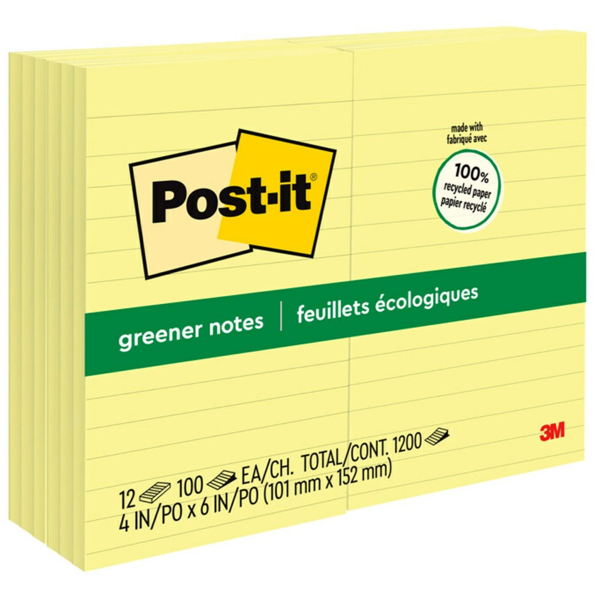 Post-it&reg; Greener Notes - 1200 - 4" Flag/Note Width x 6" Flag/Note Length - Rectangle - 100 Sheets per Pad - Ruled - Canary Yellow - Paper - Self-adhesive, Repositionable - Recycled - 1 Pack