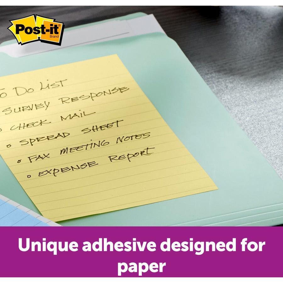 Post-it&reg; Notes Original Lined Notepads - 100 - 4" Flag/Note Width x 6" Flag/Note Length - Rectangle - 100 Sheets per Pad - Ruled - Canary Yellow - Paper - Self-adhesive, Repositionable - 12 / Pack