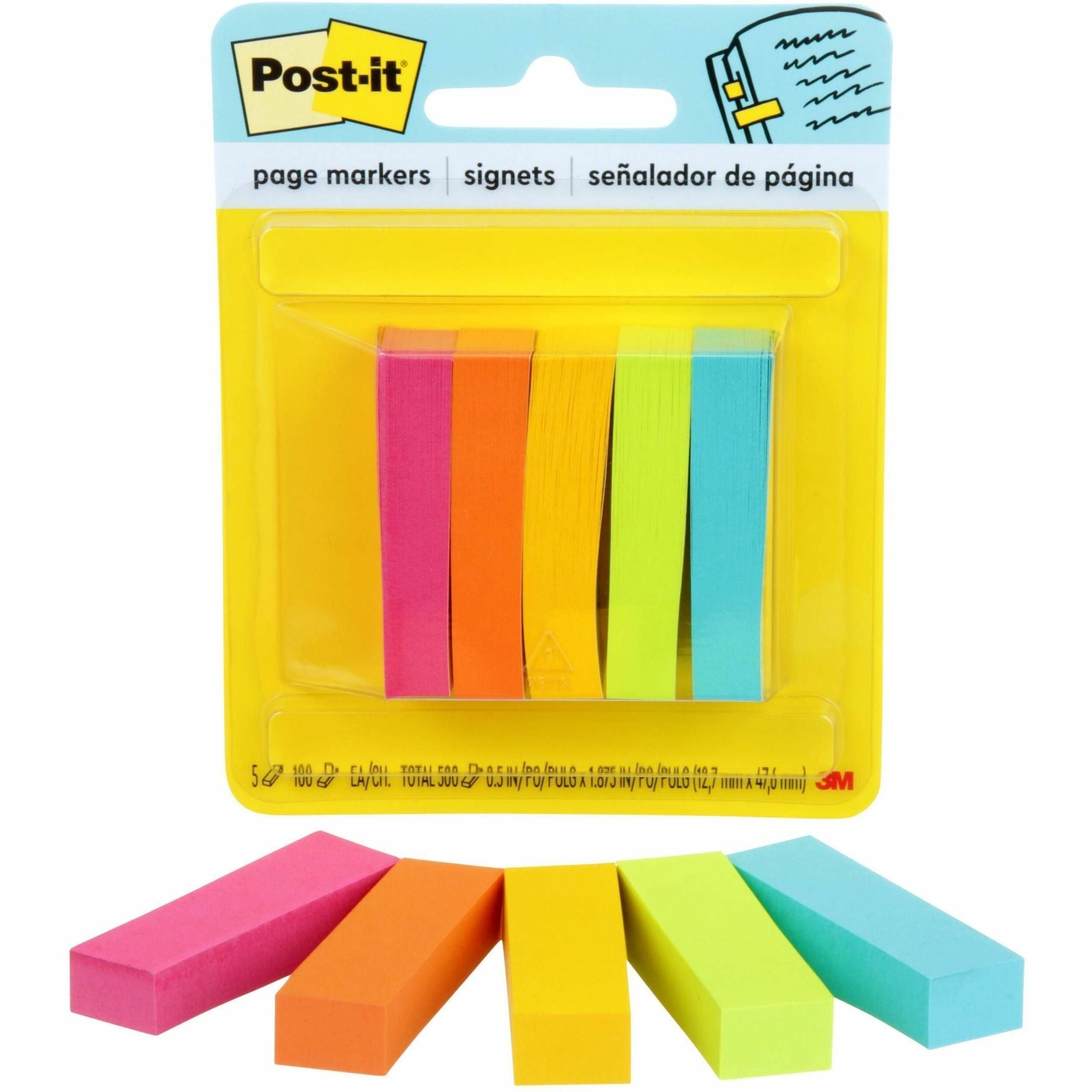Post-it&reg; Page Markers - 1/2" Flag/Note Width x 2" Flag/Note Length - Rectangle - 100 Sheets per Pad - Unruled - Bright Assorted - Paper - Removable, Self-adhesive - 1 Pack