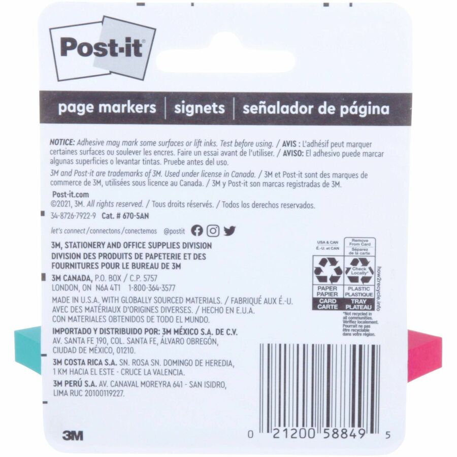 Post-it&reg; Page Markers - 1/2" Flag/Note Width x 2" Flag/Note Length - Rectangle - 100 Sheets per Pad - Unruled - Bright Assorted - Paper - Removable, Self-adhesive - 1 Pack