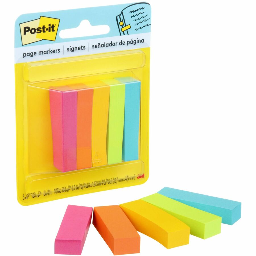Post-it&reg; Page Markers - 1/2" Flag/Note Width x 2" Flag/Note Length - Rectangle - 100 Sheets per Pad - Unruled - Bright Assorted - Paper - Removable, Self-adhesive - 1 Pack