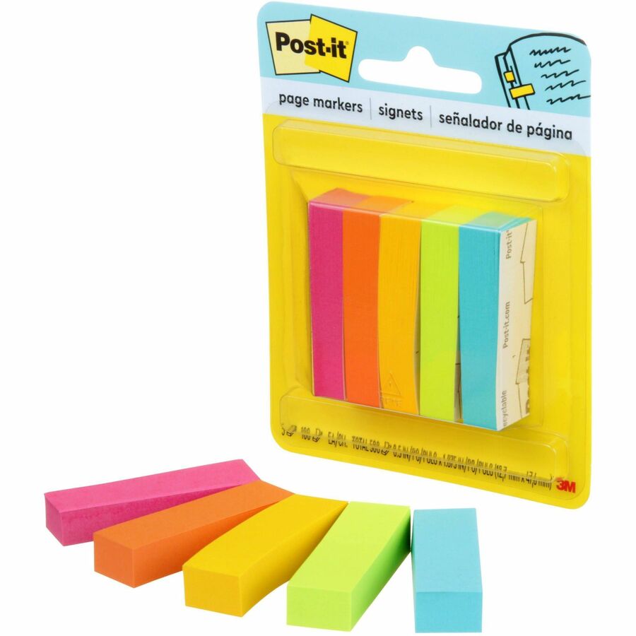 Post-it&reg; Page Markers - 1/2" Flag/Note Width x 2" Flag/Note Length - Rectangle - 100 Sheets per Pad - Unruled - Bright Assorted - Paper - Removable, Self-adhesive - 1 Pack