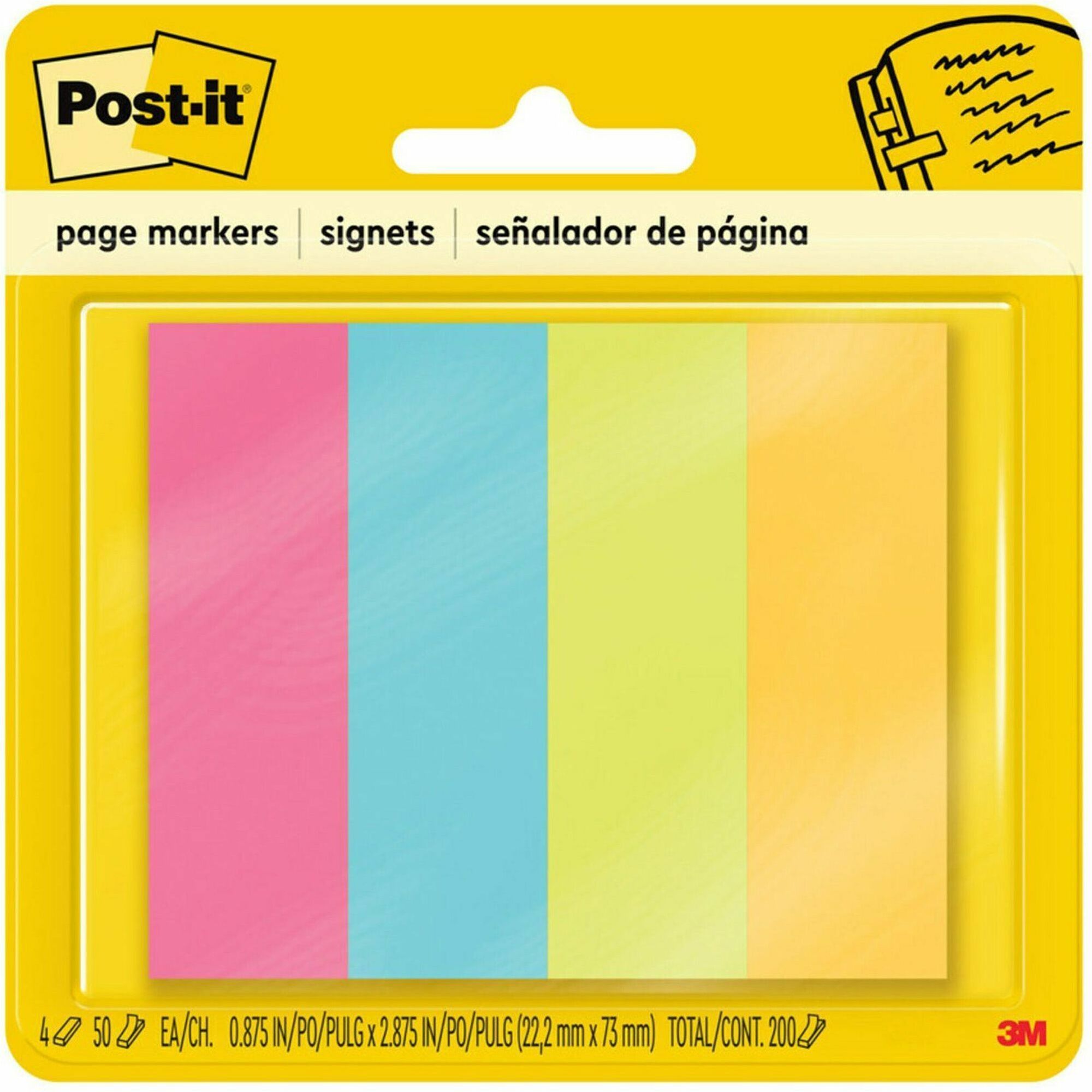 Post-it&reg; Page Markers - 1" Flag/Note Width x 3" Flag/Note Length - Rectangle - Assorted - Removable, Self-adhesive - 1 Pack