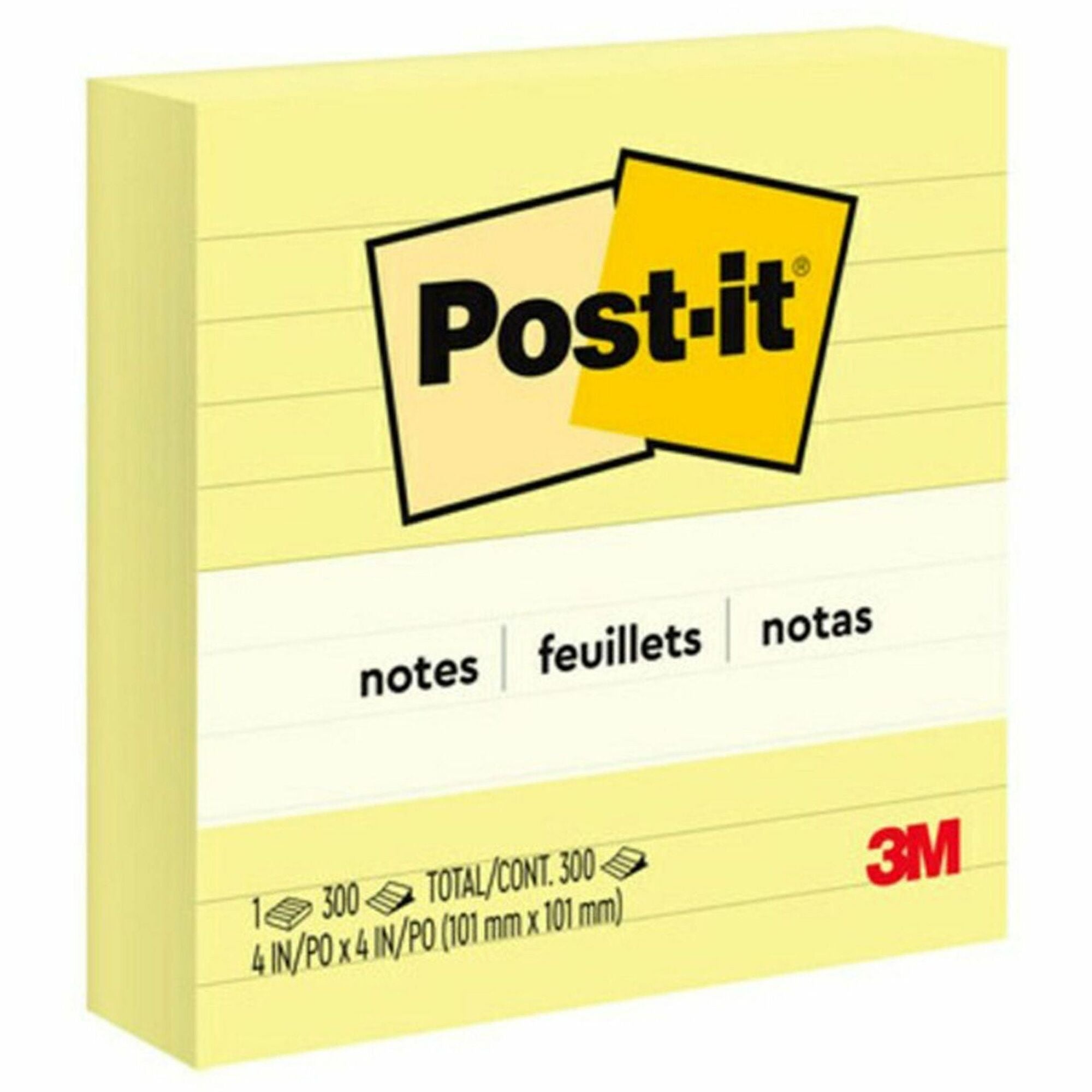 Post-it&reg; Lined Notes - 300 - 4" Flag/Note Width x 4" Flag/Note Length - Square - 300 Sheets per Pad - Ruled - Canary Yellow - Paper - Recyclable - 1 Pad