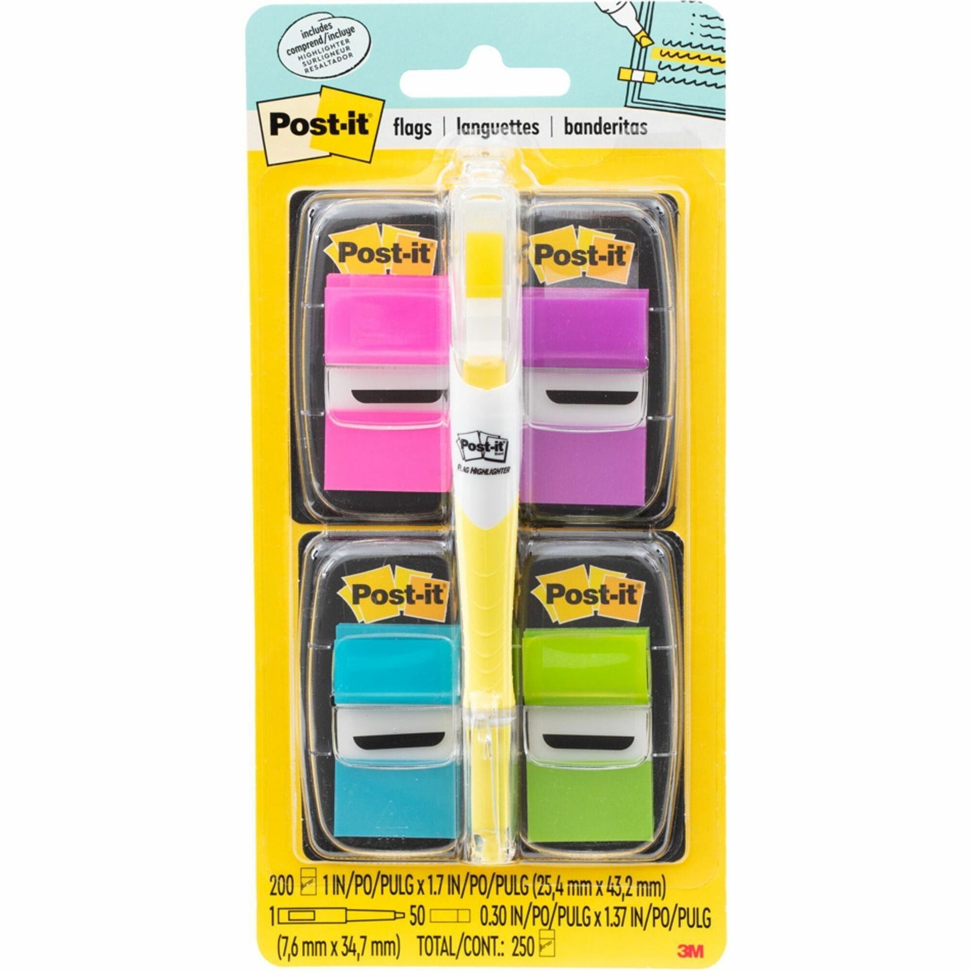 Post-it&reg; Flags Value Pack - 200 - 1" Flag/Note Width x 1 3/4" Flag/Note Length - Rectangle, Arrow - Unruled - Aqua, Yellow, Green, Purple, Pink, Blue - Self-adhesive, Removable - Dispenser Included - 200 / Pack