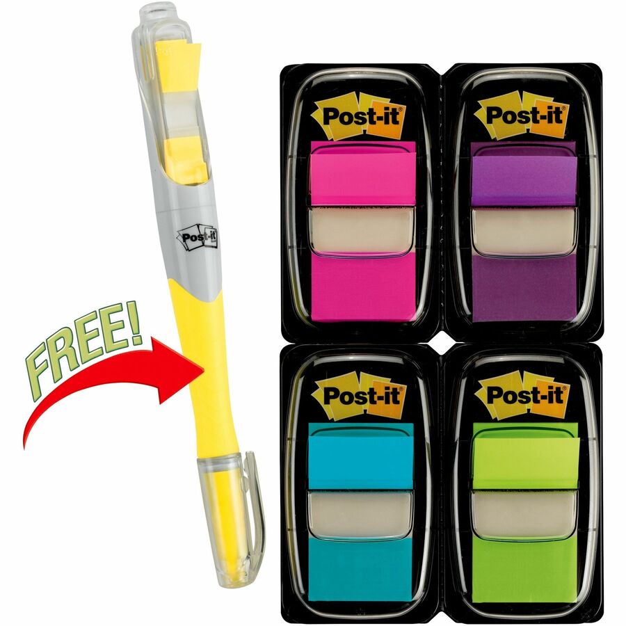 Post-it&reg; Flags Value Pack - 200 - 1" Flag/Note Width x 1 3/4" Flag/Note Length - Rectangle, Arrow - Unruled - Aqua, Yellow, Green, Purple, Pink, Blue - Self-adhesive, Removable - Dispenser Included - 200 / Pack