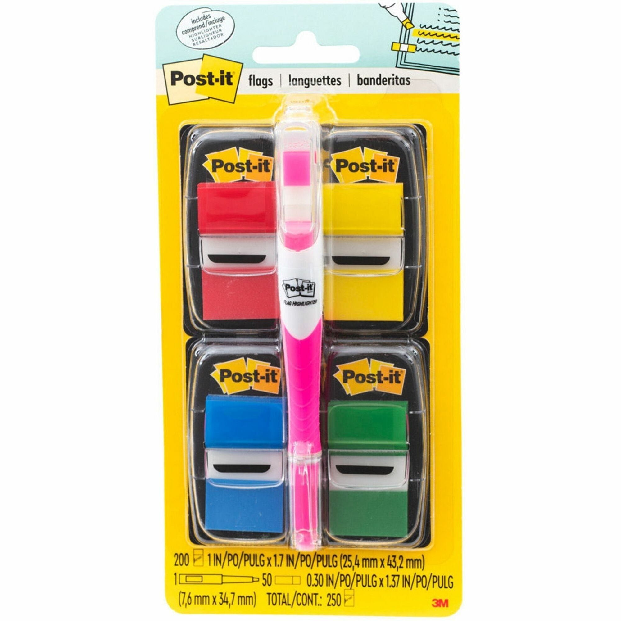Post-it&reg; Flags Value Pack - 200 - 1" Flag/Note Width x 1 3/4" Flag/Note Length - Rectangle - Unruled - Red, Green, Yellow, Blue, Assorted - Self-adhesive, Removable - Dispenser Included - 1 Pack