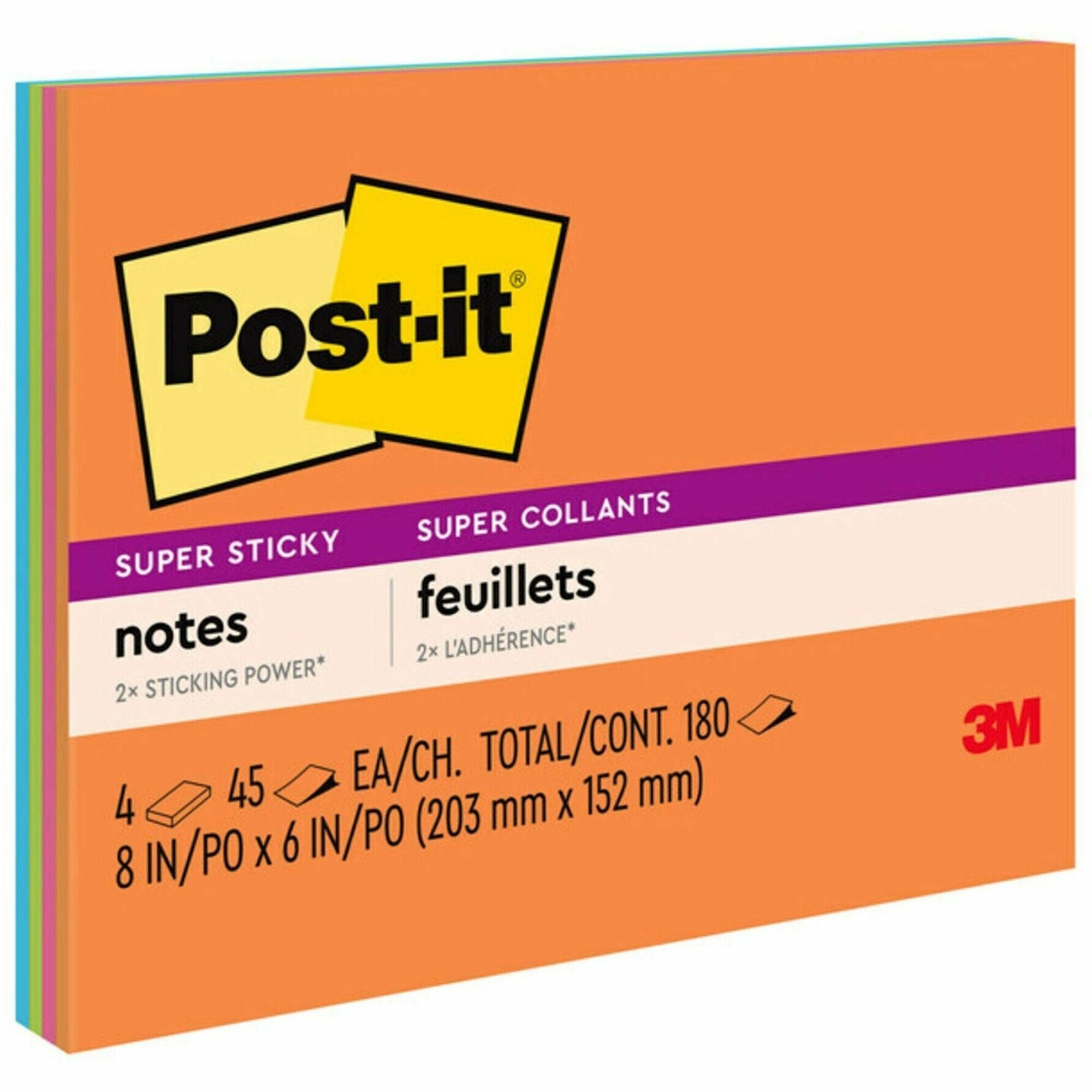 Post-it&reg; Super Sticky Notes - Energy Boost Color Collection - 180 - 6" Flag/Note Width x 8" Flag/Note Length - Rectangle - 45 Sheets per Pad - Unruled - Vital Orange, Tropical Pink, Limeade, Blue Paradise - Paper Fibre - Self-adhesive - 4 / Pack