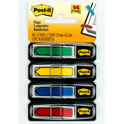 Post-it Arrow Flags, 96 Flags Total (24 Each: Red, Green, Yellow, Blue), 1/2" x 1-3/4", 4 Dispensers Included, Removable, Self-Adhesive, Repositionable