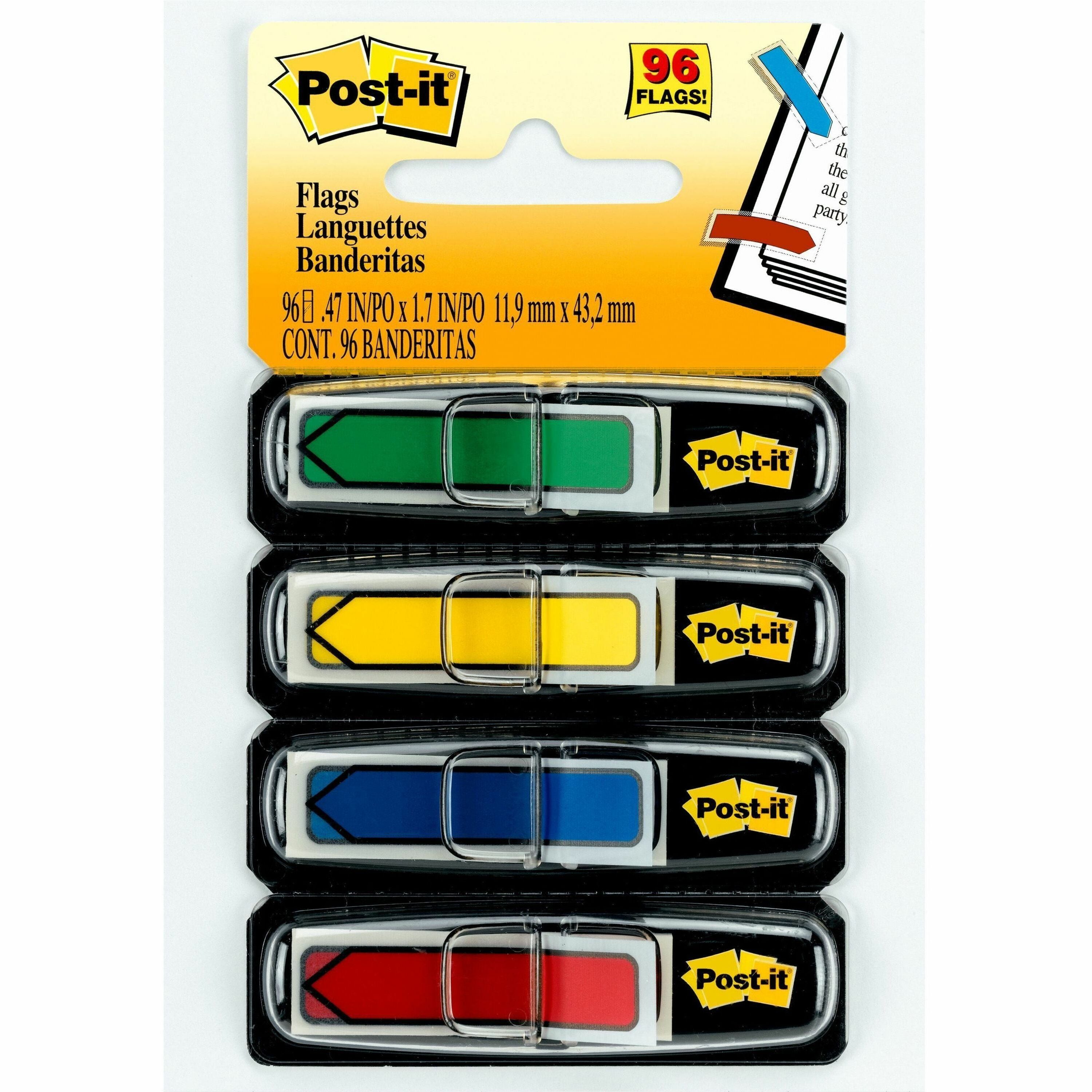 Post-it Arrow Flags, 96 Flags Total (24 Each: Red, Green, Yellow, Blue), 1/2" x 1-3/4", 4 Dispensers Included, Removable, Self-Adhesive, Repositionable