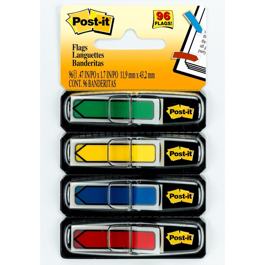 Post-it Arrow Flags, 96 Flags Total (24 Each: Red, Green, Yellow, Blue), 1/2" x 1-3/4", 4 Dispensers Included, Removable, Self-Adhesive, Repositionable