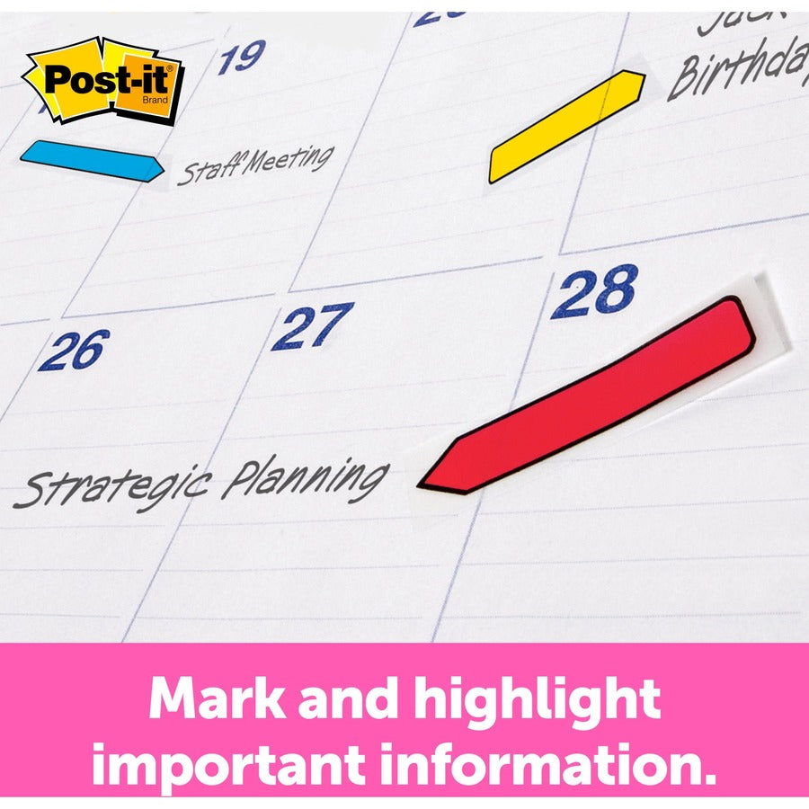 Post-it Arrow Flags, 96 Flags Total (24 Each: Red, Green, Yellow, Blue), 1/2" x 1-3/4", 4 Dispensers Included, Removable, Self-Adhesive, Repositionable