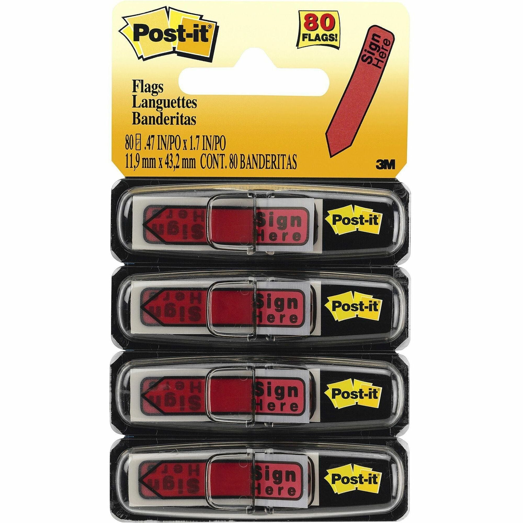 Post-it&reg; Arrow Message Flags - 80 x Red - 1/2" Flag/Note Width x 1 3/4" Flag/Note Length - Arrow, Rectangle - Unruled - SIGN HERE - Red - Removable, Self-adhesive - Dispenser Included - 1 Pack