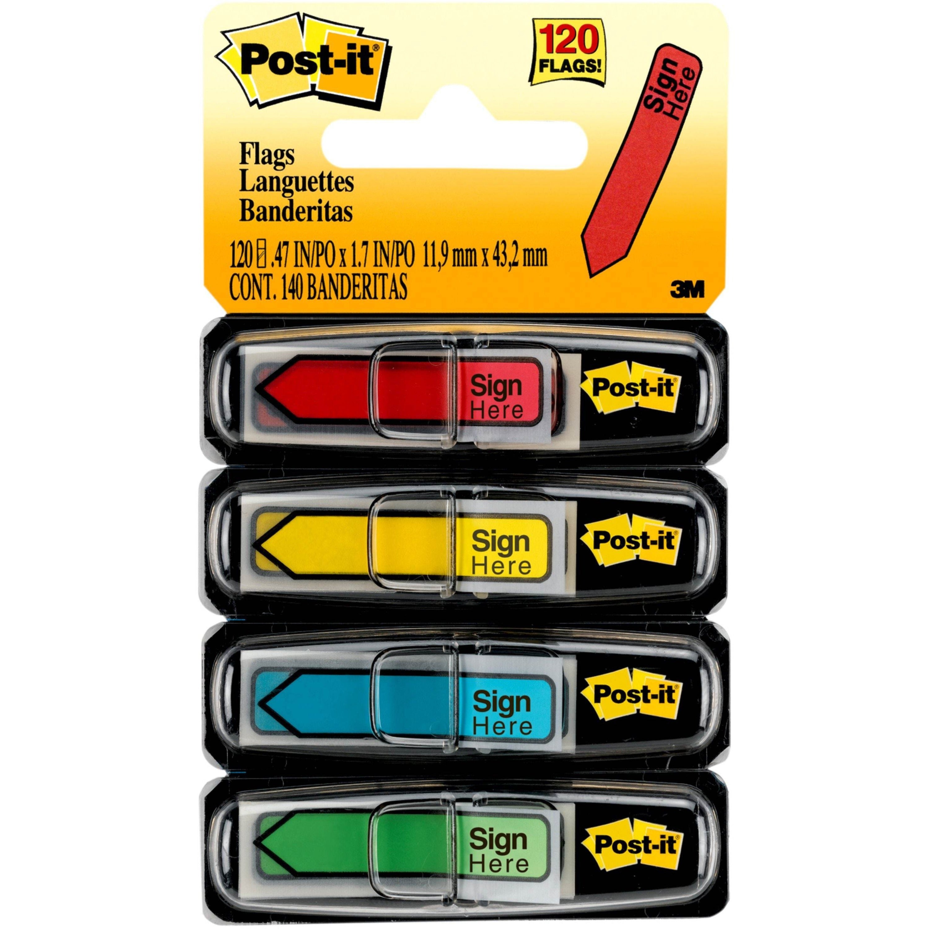 Post-it Message Flags, SIGN HERE, 1/2" x 1 3/4", Rectangle/Arrow, 30 Yellow, 30 Blue, 30 Red, 30 Green, Removable, Self-adhesive, Dispenser Included, 120 Flags per Pack