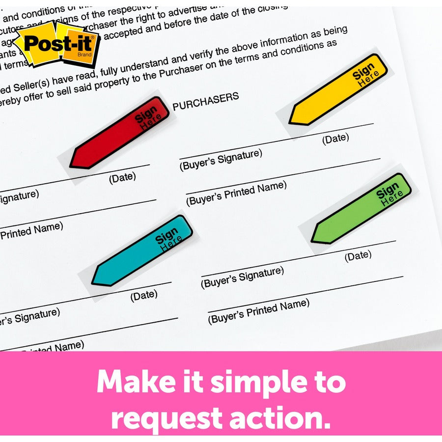 Post-it Message Flags, SIGN HERE, 1/2" x 1 3/4", Rectangle/Arrow, 30 Yellow, 30 Blue, 30 Red, 30 Green, Removable, Self-adhesive, Dispenser Included, 120 Flags per Pack
