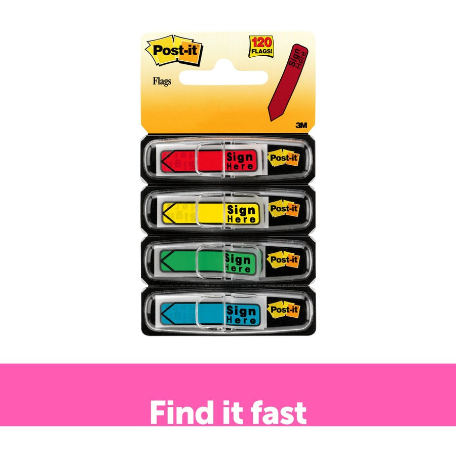 Post-it Message Flags, SIGN HERE, 1/2" x 1 3/4", Rectangle/Arrow, 30 Yellow, 30 Blue, 30 Red, 30 Green, Removable, Self-adhesive, Dispenser Included, 120 Flags per Pack