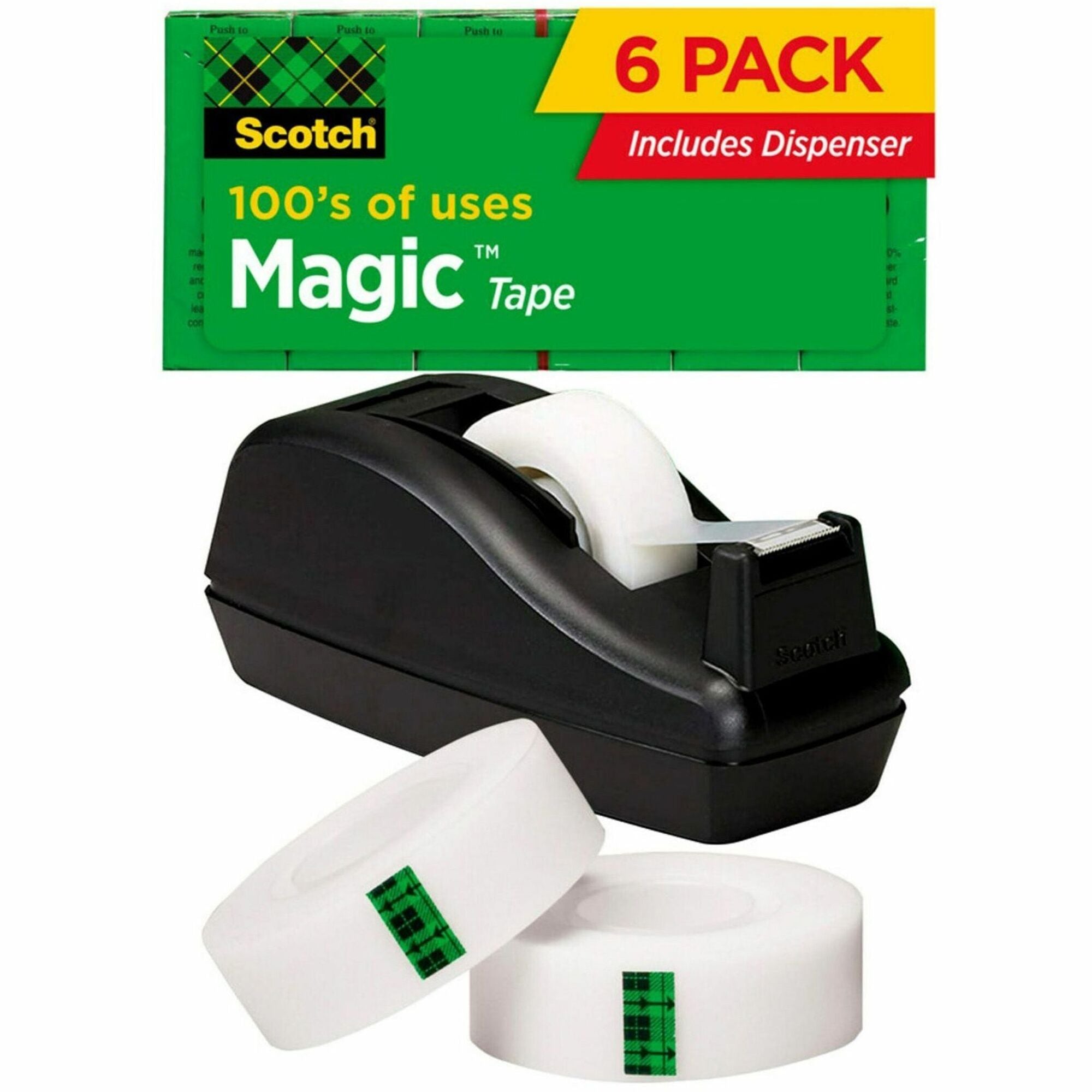 Scotch Magic Tape, 0.75" x 27.78 yd, Matte Finish, Clear, 1" Core, Split & Tear Resistant, Desktop Dispenser Included, 1 Pack