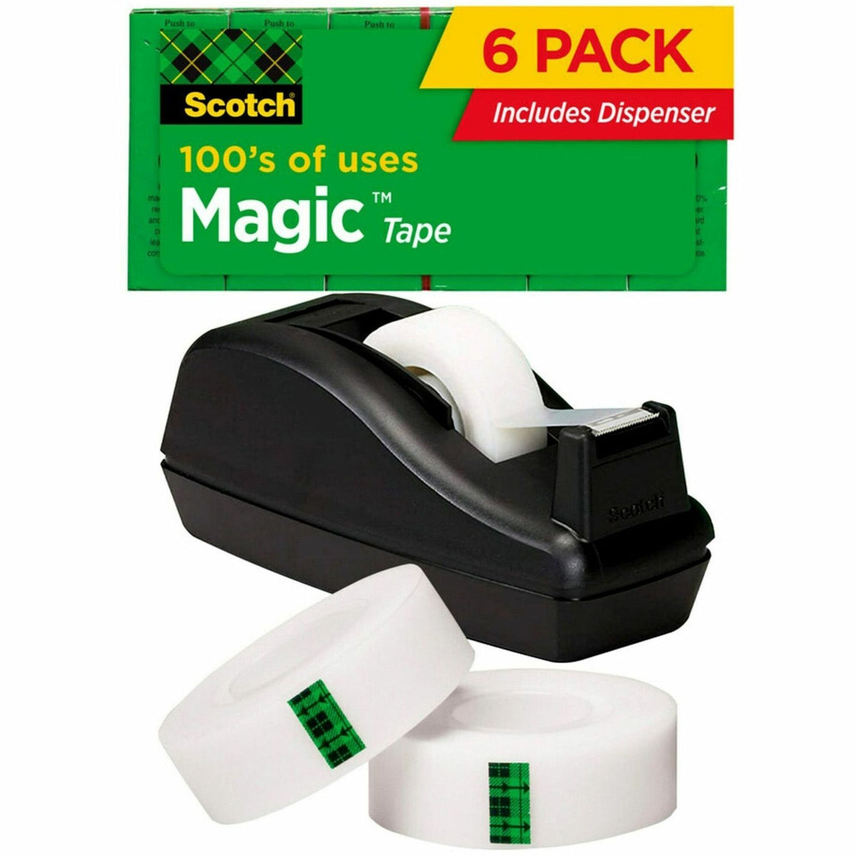Scotch Magic Tape, 0.75" x 27.78 yd, Matte Finish, Clear, 1" Core, Split & Tear Resistant, Desktop Dispenser Included, 1 Pack