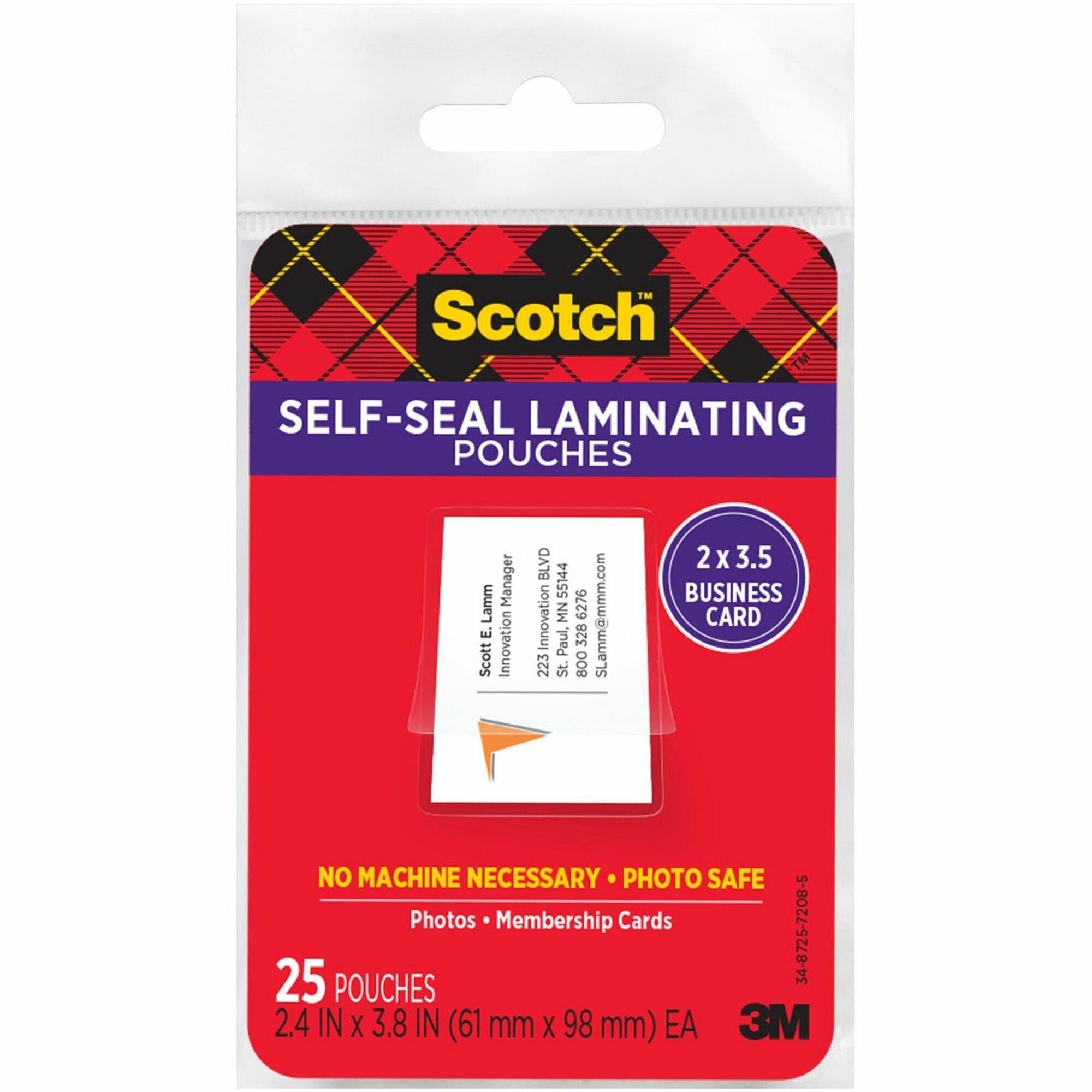 Laminating Pouch/Sheet Size: 2.40" Width x 3.80" Length x 9.50 mil Thickness - Thick Gloss - for Business Card, Lists, Photo, Coupon, Punch Card - Acid-free, Photo-safe, Self-sealing, Double Sided - Clear - 25 / Pack