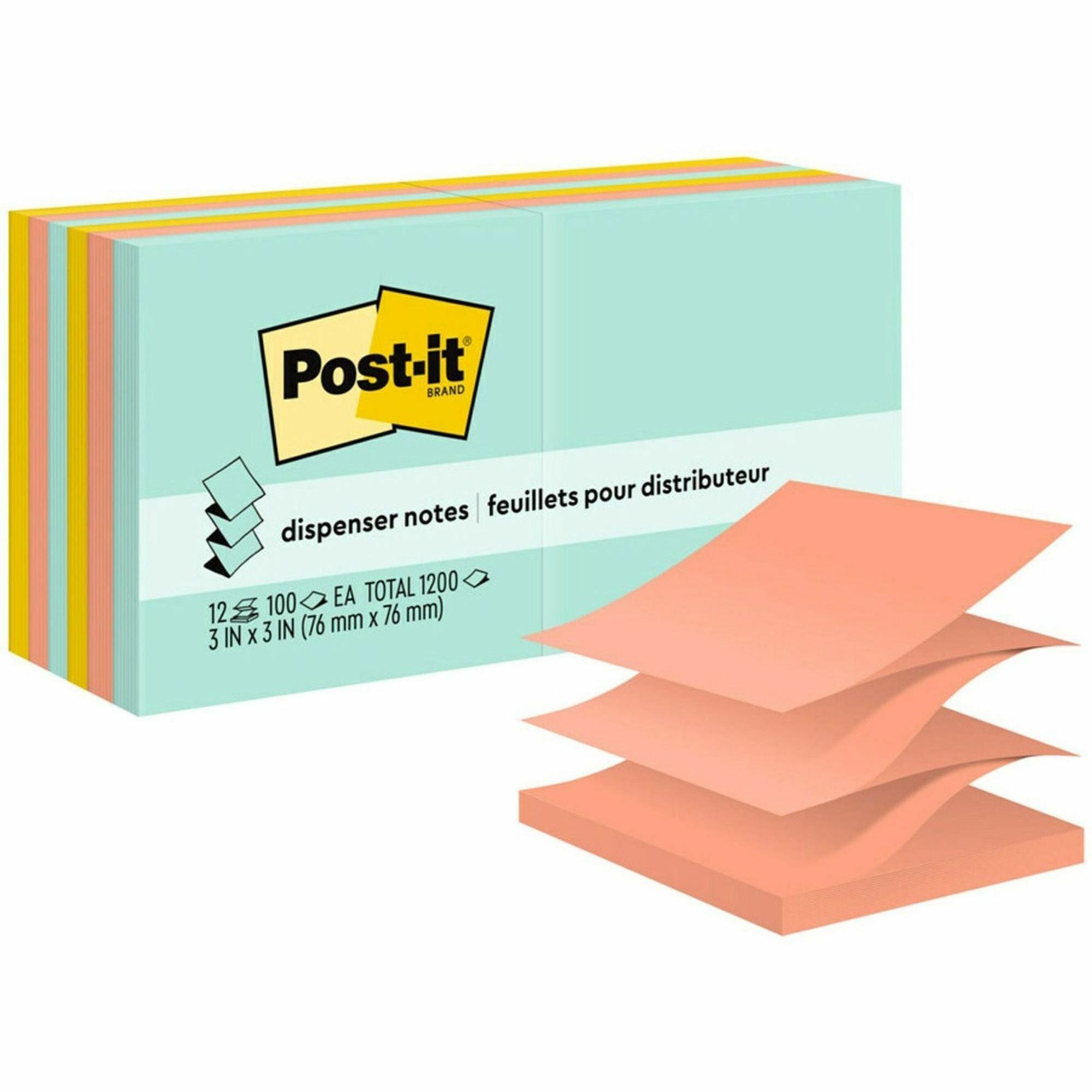 Post-it&reg; Dispenser Notes - 1200 - 3" Flag/Note Width x 3" Flag/Note Length - Square - 100 Sheets per Pad - Unruled - Fresh Mint, Aqua Splash, Sunnyside, Papaya Fizz, Guava - Paper - Pop-up, Self-adhesive, Repositionable - 1 Pack