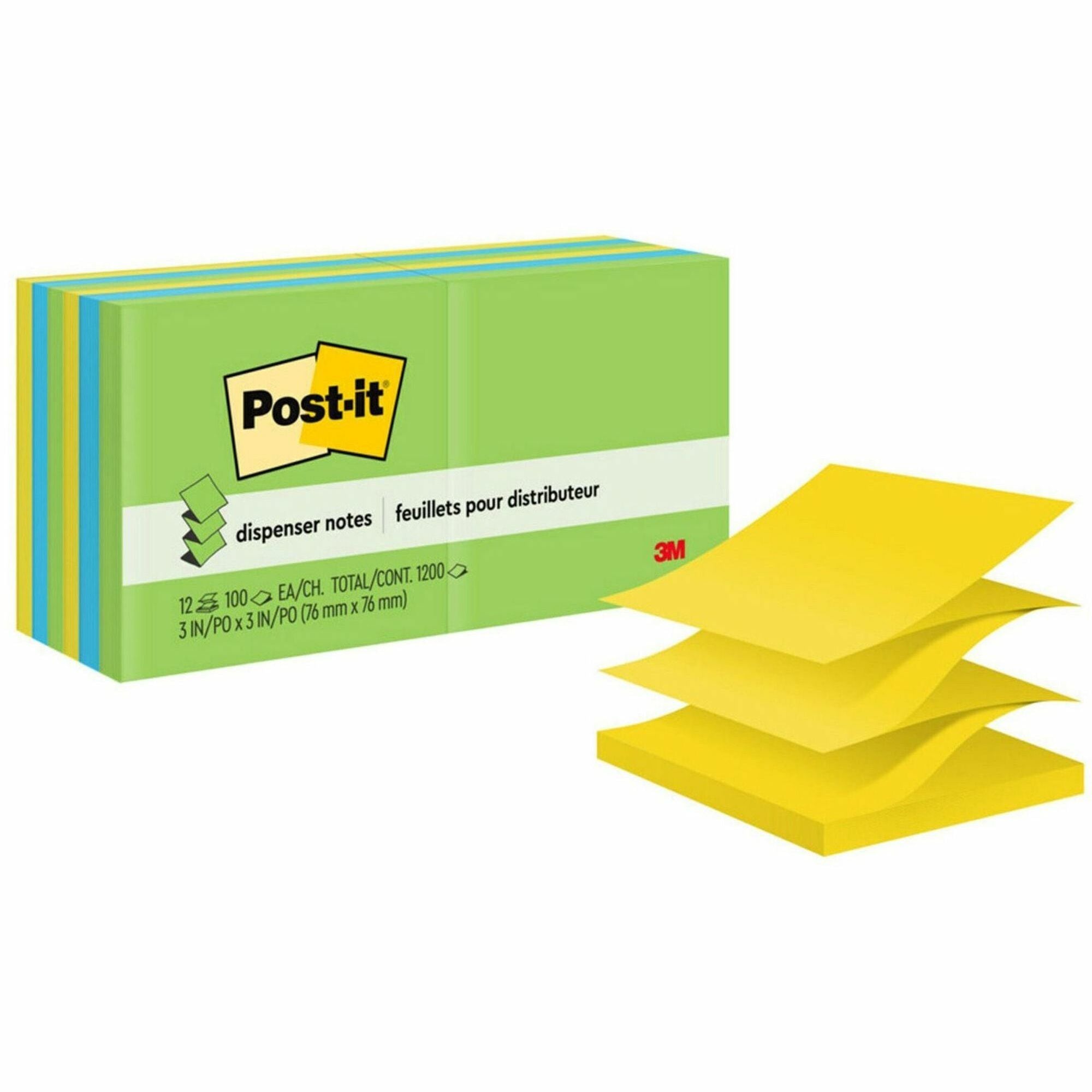 Post-it&reg; Dispenser Notes - 1200 - 3" Flag/Note Width x 3" Flag/Note Length - Square - 100 Sheets per Pad - Unruled - Limeade, Citron, Blue Paradise - Paper - Pop-up, Refillable, Self-adhesive, Repositionable - 1 Pack