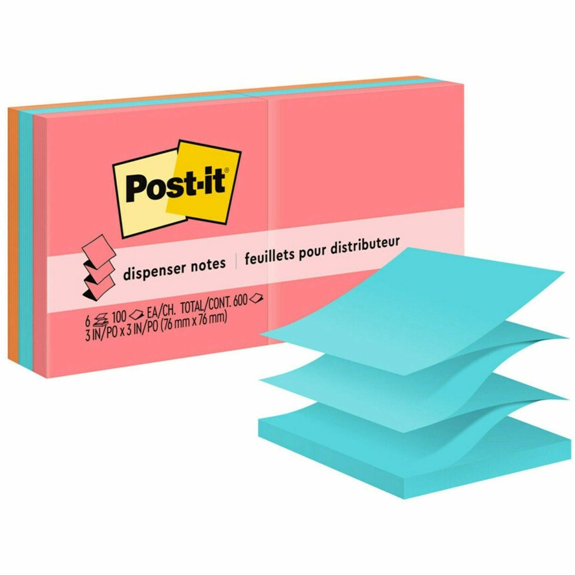 600 - 3" Flag/Note Width x 3" Flag/Note Length - Square - 100 Sheets per Pad - Unruled - Electric Blue, Limeade, Neon Orange, Neon Pink, Concord - Paper - Pop-up, Self-adhesive, Repositionable - Recycled - 1 Pack