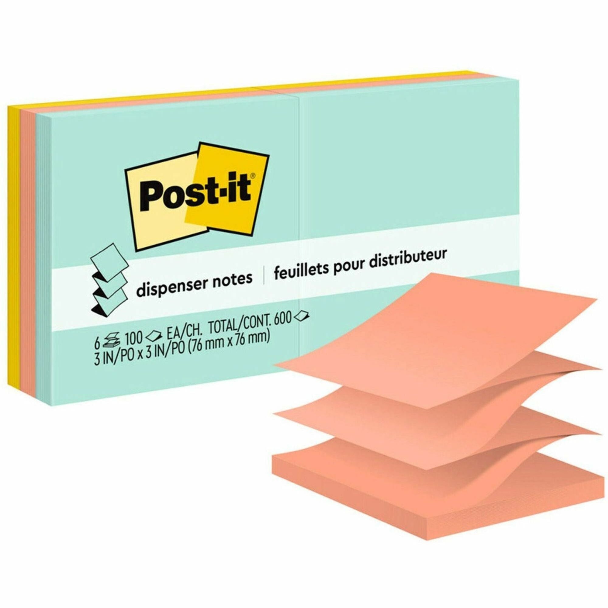 Post-it&reg; Dispenser Notes - 600 - 3" Flag/Note Width x 3" Flag/Note Length - Square - 100 Sheets per Pad - Unruled - Green, Pink, Yellow - Paper - Pop-up, Self-adhesive, Repositionable - 1 Pack