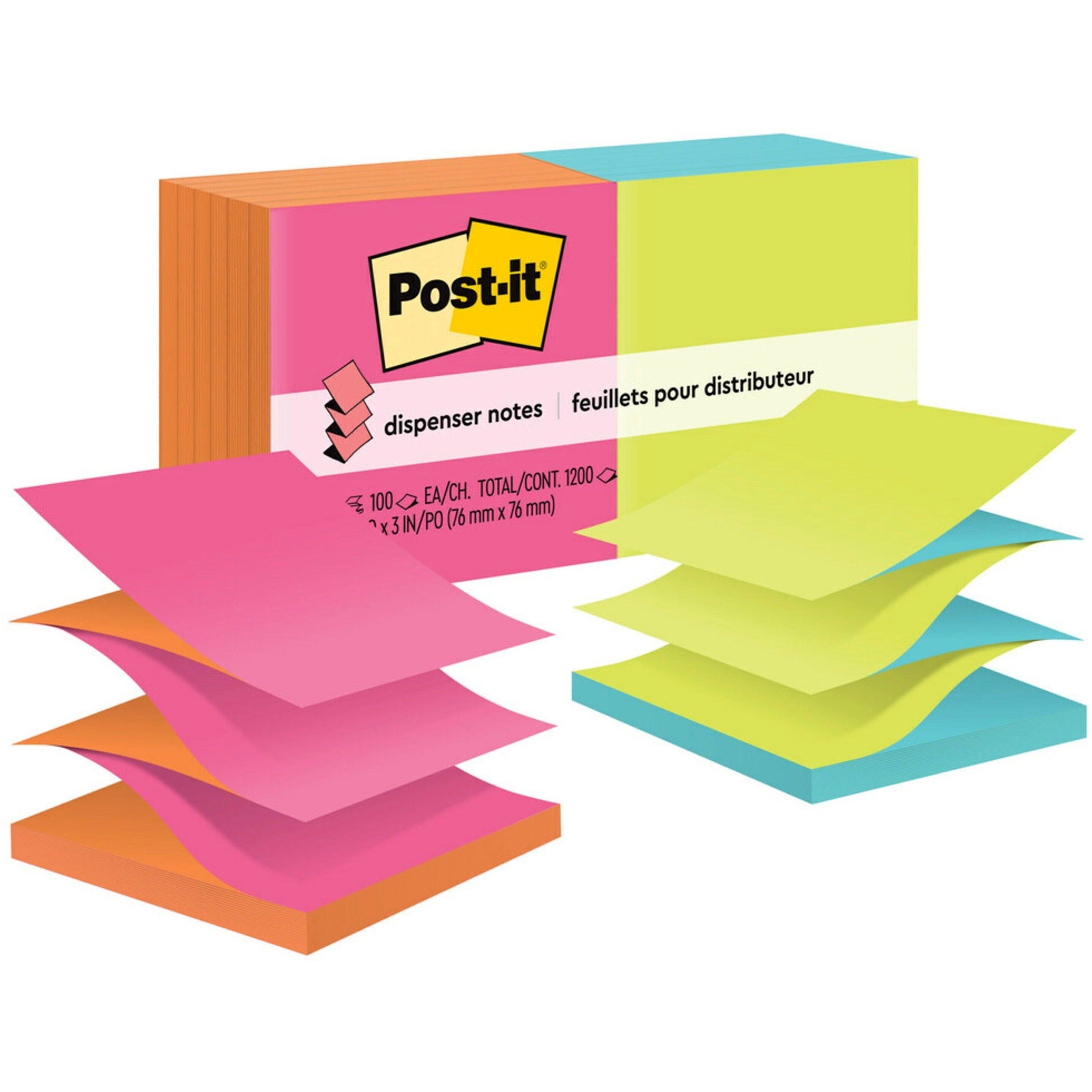 Post-it&reg; Dispenser Notes - 1200 - 3" Flag/Note Width x 3" Flag/Note Length - Square - 100 Sheets per Pad - Unruled - Power Pink, Vital Orange, Acid Lime, Aqua Splash - Paper - Refillable, Pop-up, Self-adhesive, Repositionable - 1 Pack