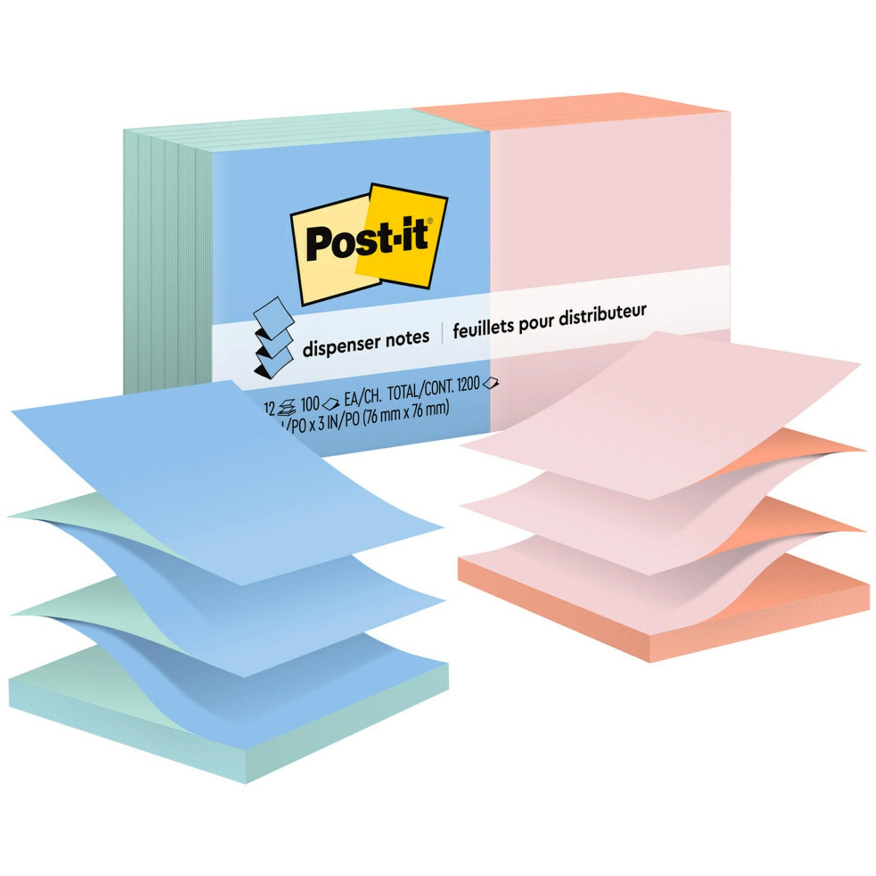 1200 - 3" Flag/Note Width x 3" Flag/Note Length - Square - 100 Sheets per Pad - Unruled - Fresh Mint, Canary Yellow, Pink Salt, Papaya Fizz - Paper - Refillable, Pop-up, Self-adhesive, Repositionable - 1 Pack