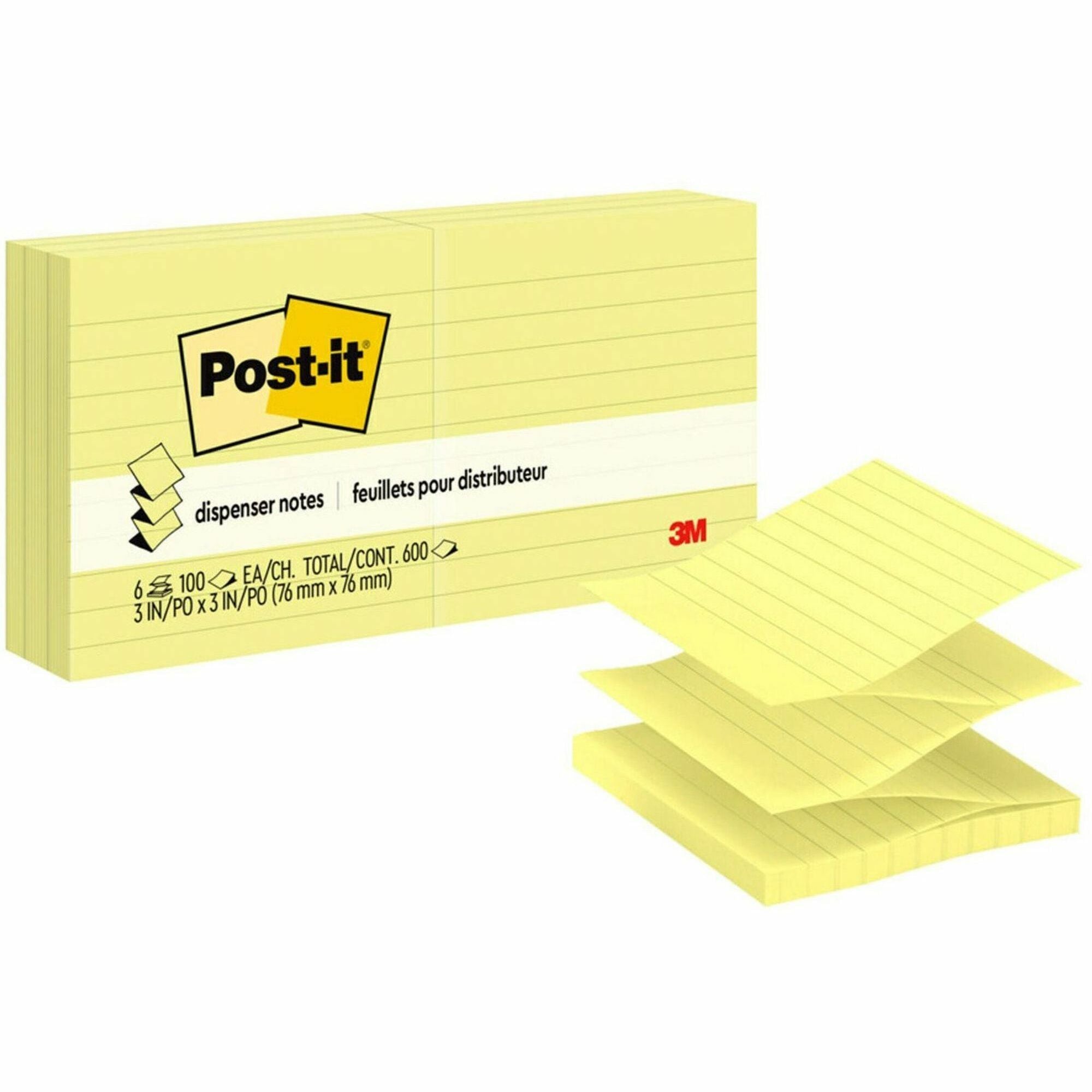 Post-it&reg; Dispenser Notes - 600 - 3" Flag/Note Width x 3" Flag/Note Length - Square - 100 Sheets per Pad - Ruled - Yellow - Paper - Pop-up, Fanfold, Refillable - 6 / Pack