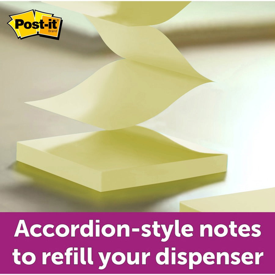 Post-it&reg; Dispenser Notes - 600 - 3" Flag/Note Width x 3" Flag/Note Length - Square - 100 Sheets per Pad - Ruled - Yellow - Paper - Pop-up, Fanfold, Refillable - 6 / Pack
