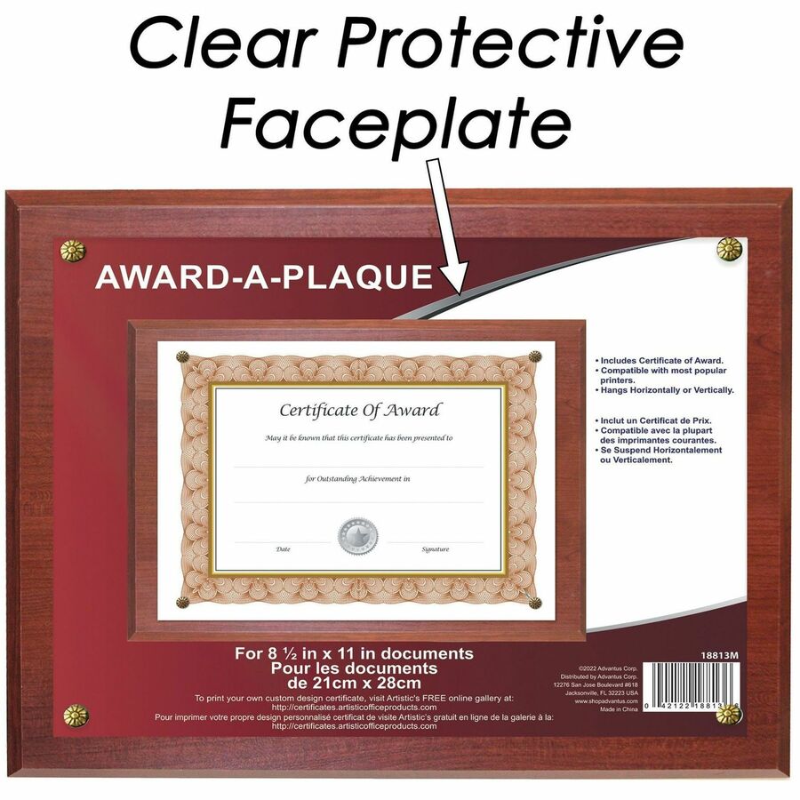 Golite nu-dell Woodgrain Award-A-Plaque - 13" x 10.50" Frame Size - Holds 11" x 8.50" Insert - Horizontal, Vertical - Mahogany - 1 Each