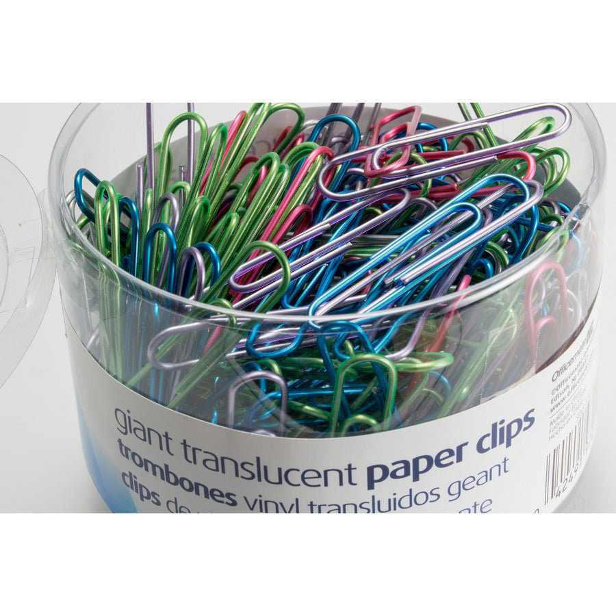 Officemate Translucent Vinyl Paper Clips - Jumbo - 2" Length x 0.5" Width - Blue, Red, Green, Silver, Purple - Vinyl - 200 / Pack